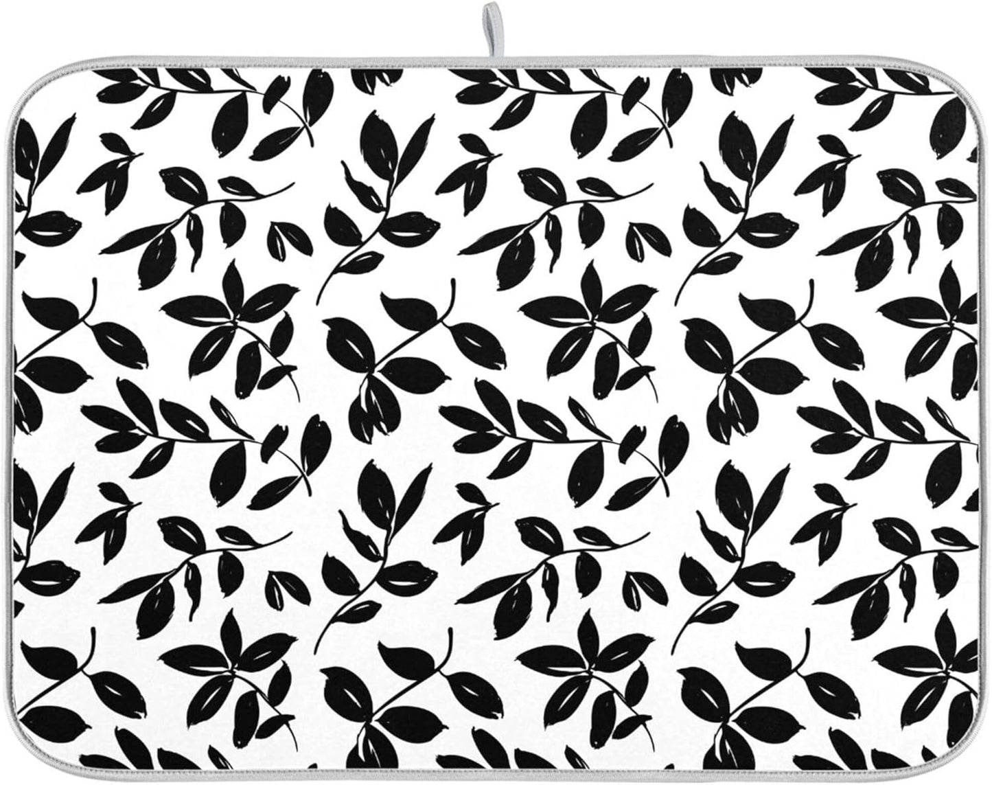 Eucalyptus Leaves Dish Drying Mat for Kitchen Countertop 16x18 Black White Floral Leaf Small Drying Mat Reusable Quick Dry Dish Sink Absorbent Mats Dishwasher Easy Clean Decorative Home Essentials