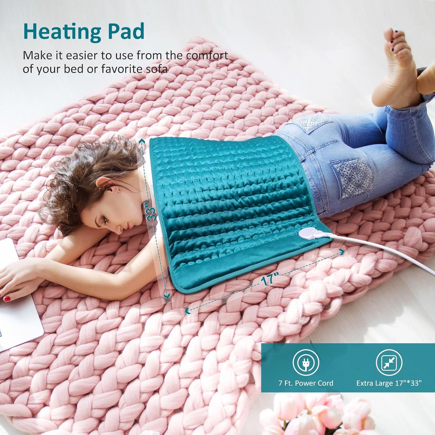 Electric Heating pad for Back/Shoulder/Neck/Knee/Leg Pain, Cramps and Arthritis Relief, 6 Fast Heating Settings, Auto-Off, Machine Washable, Moist Dry Heat Options, Extra Large 17" x33"