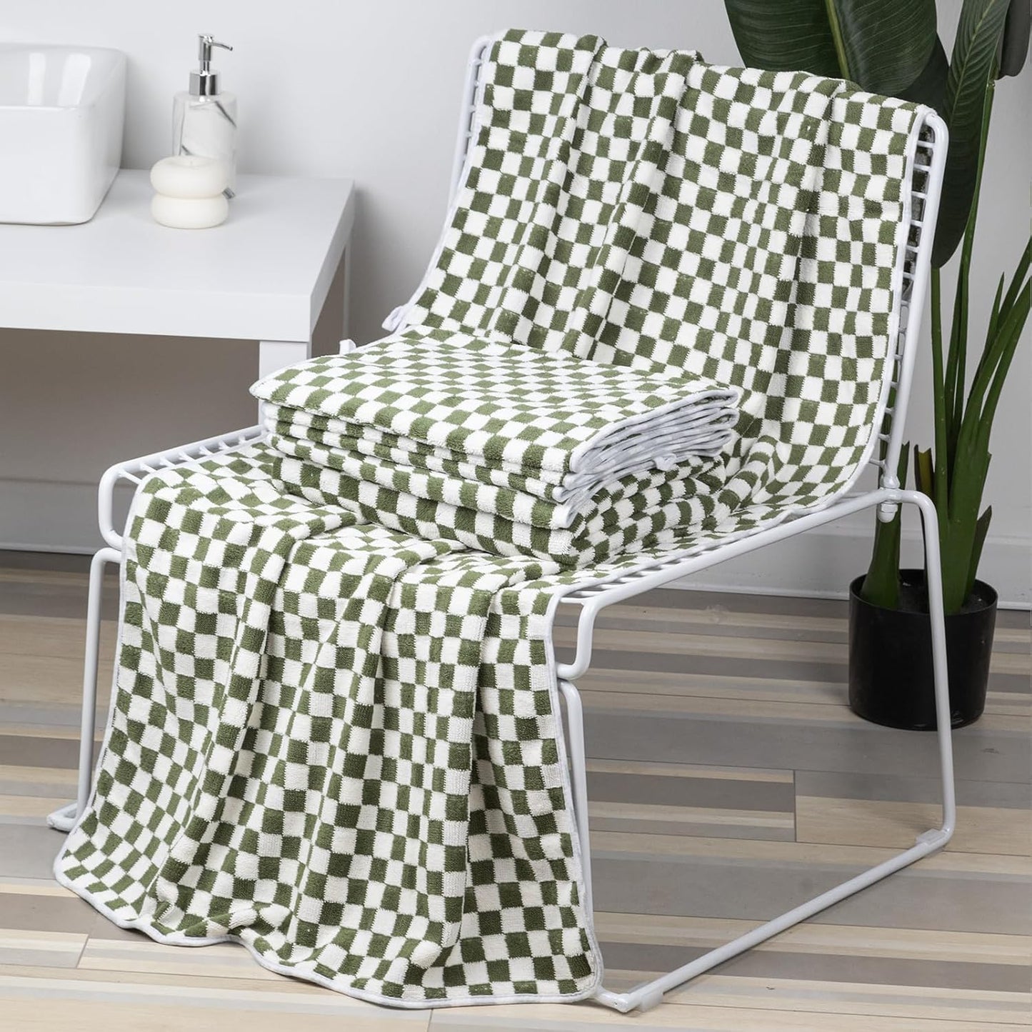 Checkered Bath Towels Set of 6 Large, Microfiber Shower Towels * 2 (55.12"*27.56"), Hand Towels * 4 (29.52"*13.77"),Towels for Bathroom、Pool、Hotel, Spa, Soft Absorbent Quick-Dry（Green）