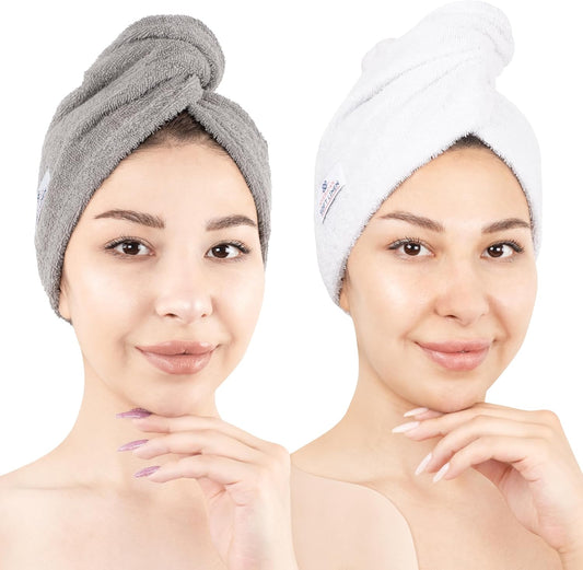 American Soft Linen 100% Cotton Hair Towels for Women, Head Towel Cap, Cotton Hair Turban Towel Wrap for Hair, Soft and Absorbent Cotton Hair Towels 2 Pack, White-Light Gray