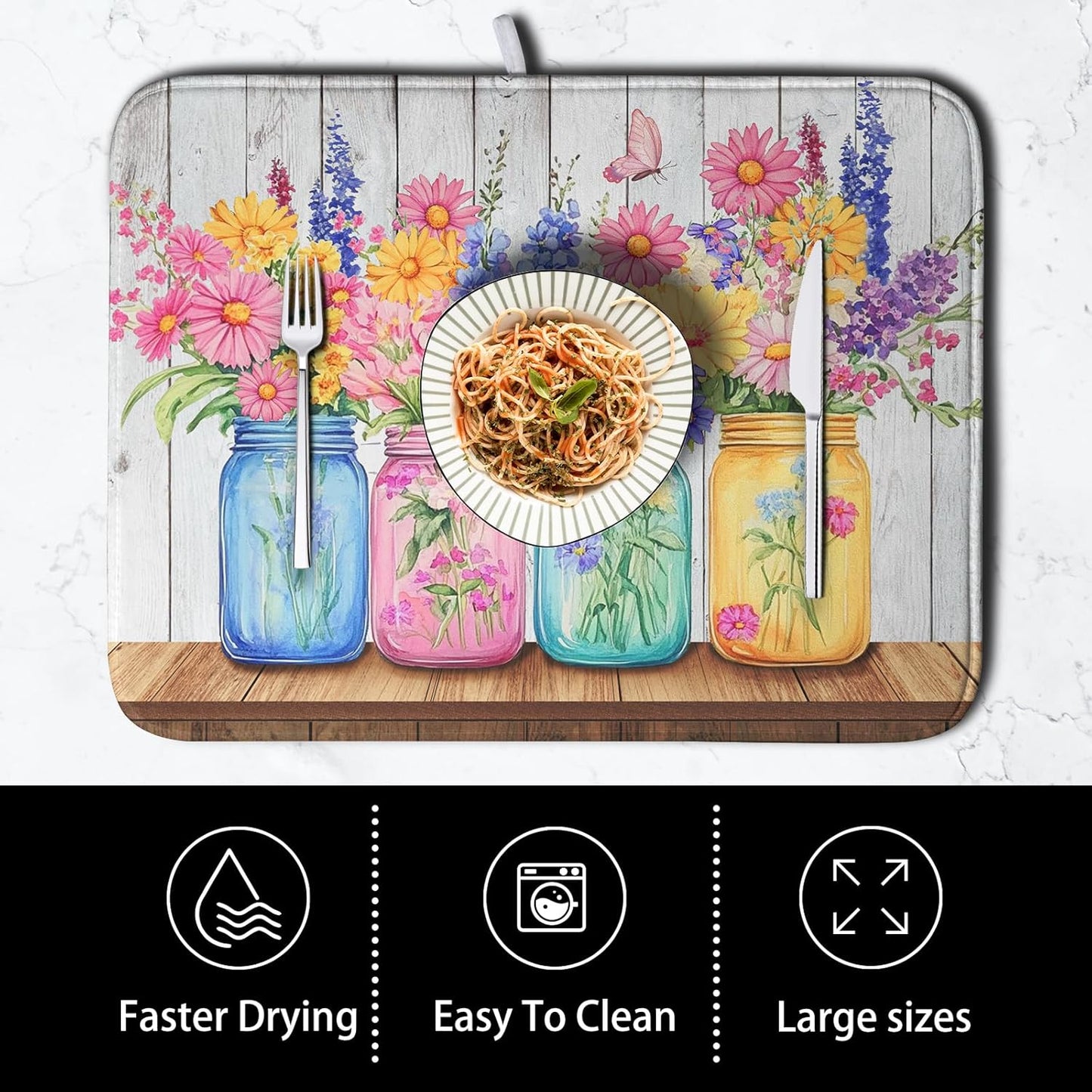 Daisy Dish Drying Mat for Kitchen Counter Spring Summer Flowers Vases Dishes Pad Microfiber Absorbent Dish Draining Mats Rustic Farmhouse Floral Wooden Board Dish Drainer Rack Mat 16x18 Inch