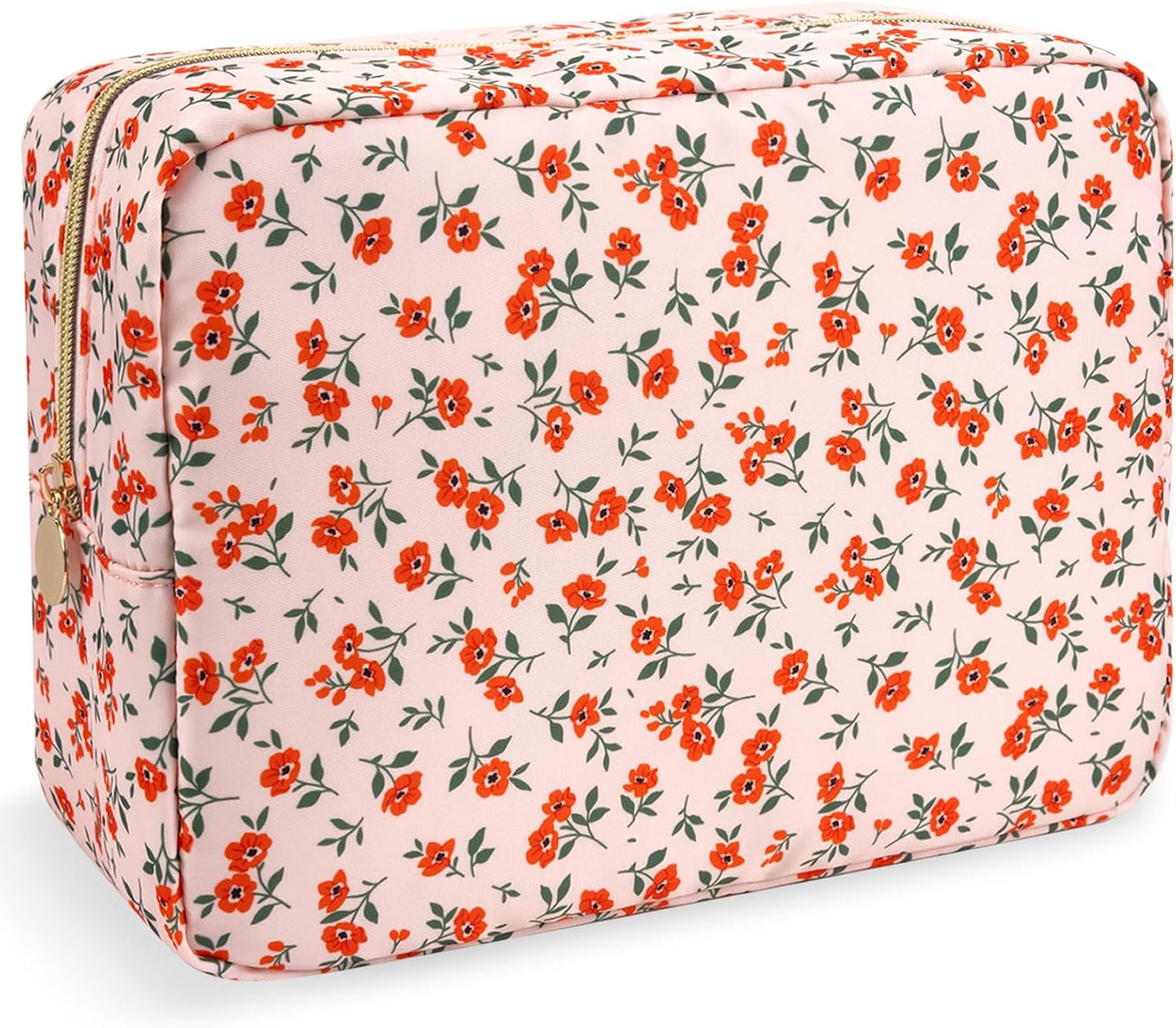 Nylon Large Floral Makeup Organizer Bag, Preppy Big Cute Flower Cosmetic Zipper Pouch Multi-compartment with Dividers, Waterproof Toiletry Make Up Brushes Bag Travel Essentials for Women(Pink-Floral)