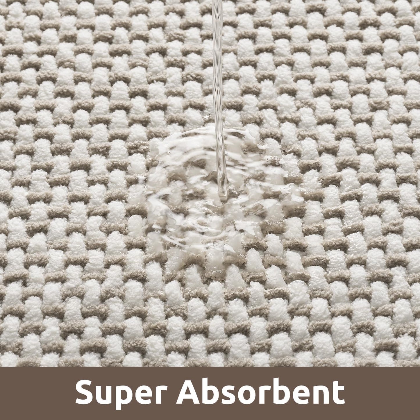 AMOAMI Chenille Bath Mat Super Absorbent Bathroom Mat Quick Dry Low Pile Bath Mats for Bathroom Washable Rubber Backed Bathroom Runners Fit Under Door, Front of Bathtub, Sink, Beige&White 24"x48"