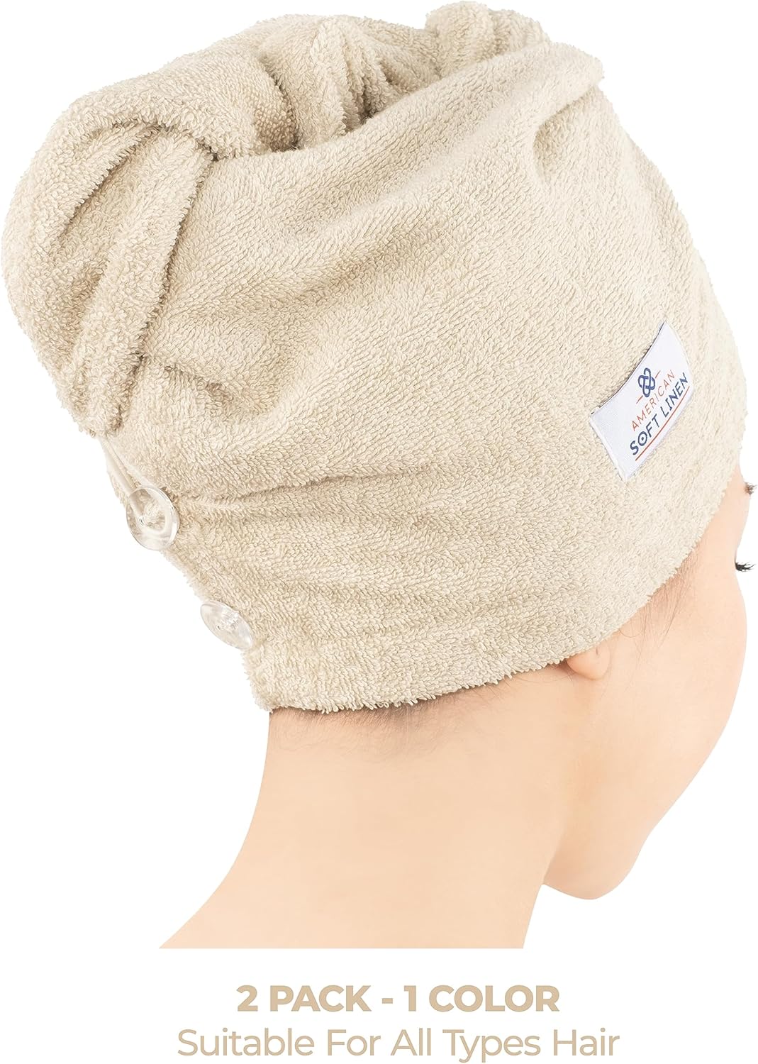 American Soft Linen 100% Cotton Hair Towels for Women, Head Towel Cap, Cotton Hair Turban Towel Wrap for Long Curly Anti Frizz Hair, Soft and Absorbent Cotton Hair Towels 2 Pack, Beige