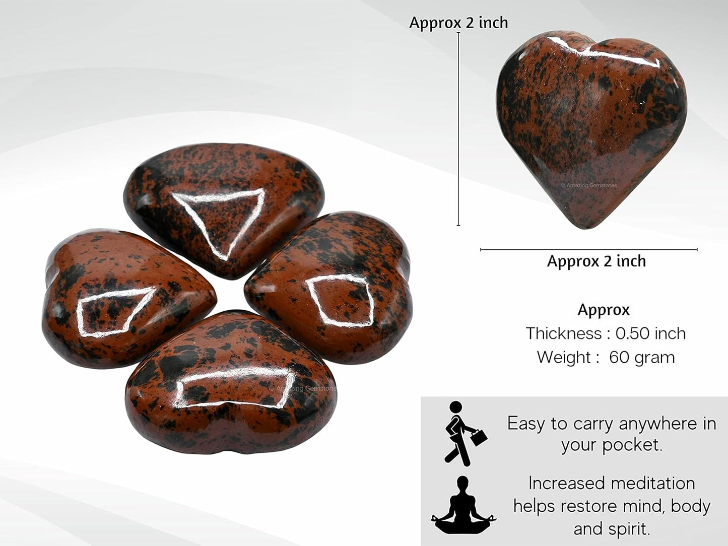 Amazing Gemstone Mahogany Obsidian Crystal Heart Palm Stone - Pocket Massage Worry Stone for Natural Body Chakra Balancing, Reiki Healing and Crystal Grid