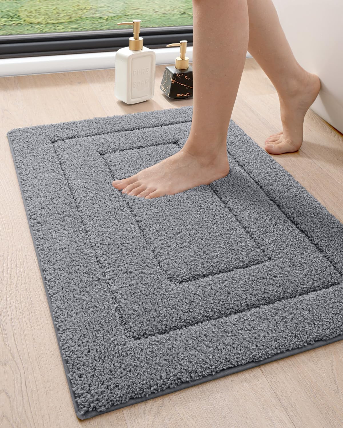 DEXI Bathroom Rug 36x24, Non Slip Washable Bath Mat for Shower Floor, Absorbent Soft Bathmat with Rubber Backing, Quick Dry Microfiber Carpet, Grey