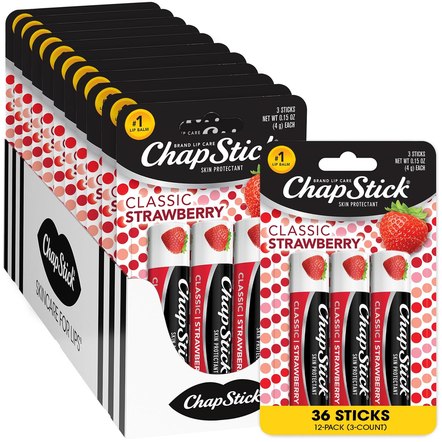 ChapStick Lip Moisturizer, Classic Strawberry 3-Packs (12 Sets/36 Tubes) – Bulk Lip Balm, Fruity & Sweet, 0.15 Oz Ea
