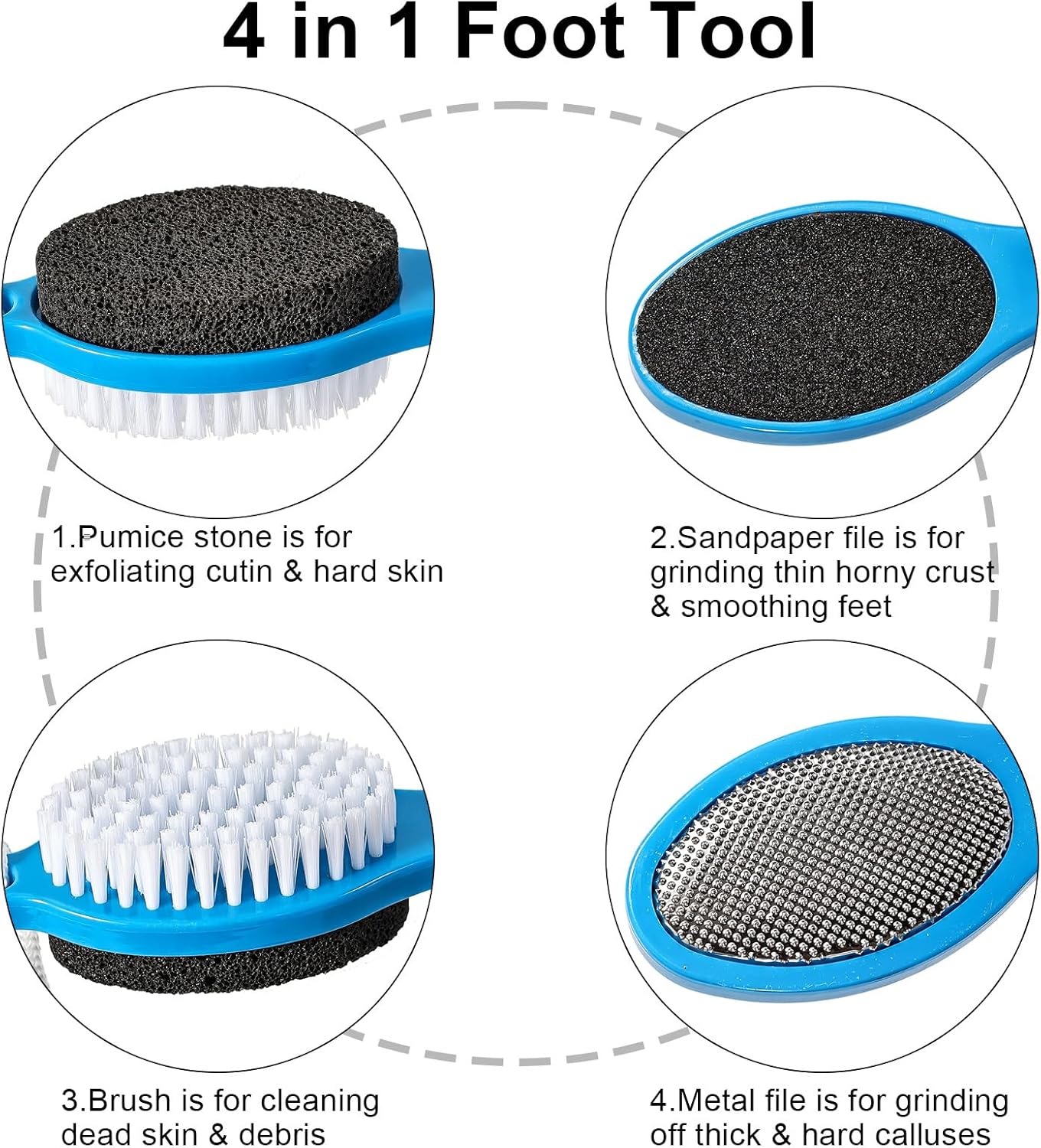 Pumice Stone Brush for Feet 4 in 1, Foot File Callus Remover, Foot Rasp and Sand Paper Pedicure Tools with Handle, Shower Foot Scrubber, Soft Smooth Feet for Home Foot Care,4 Pack
