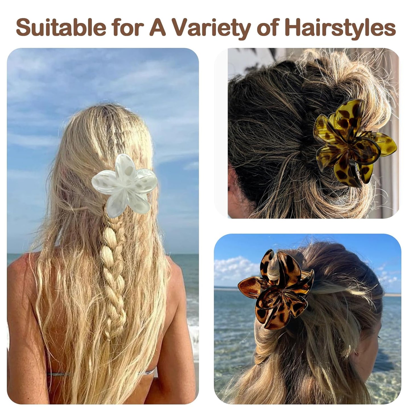 Flower Hair Claw Clips for Women, 4 Pack Hawaiian Flower Hair Clips, Plumeria Leopard-prints Claw Clips for Thick Thin Hair, Large Strong Hold Nonslip Hair Accessories for Women Girls (LP-4 Colors)