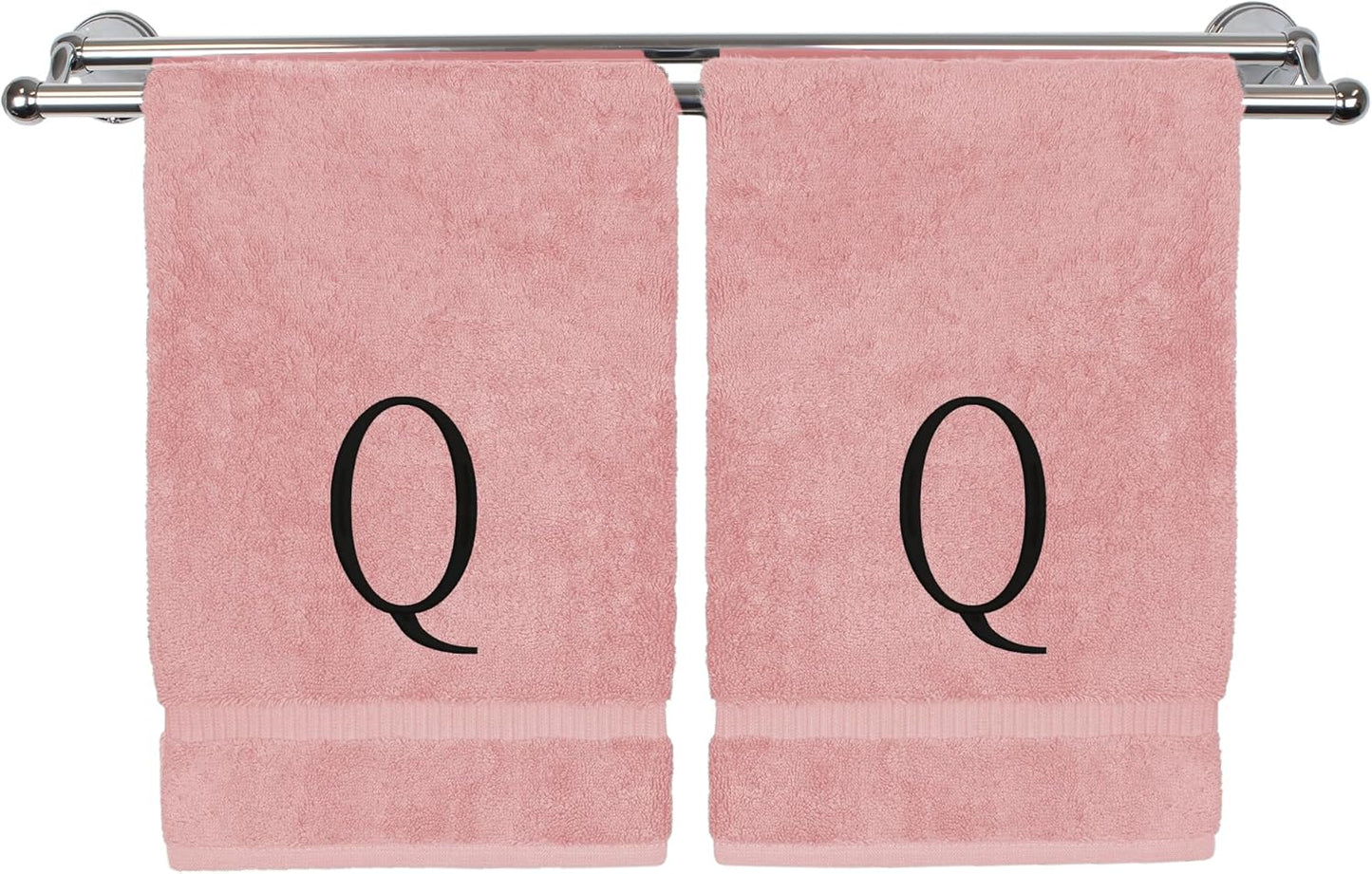 Monogrammed Hand Towel, Personalized Initial Gift, Extra Absorbent 100% Turkish Cotton - Soft Terry Finish - Set of 2 - Black Block Initial Q - Embroidered on Pink Towels