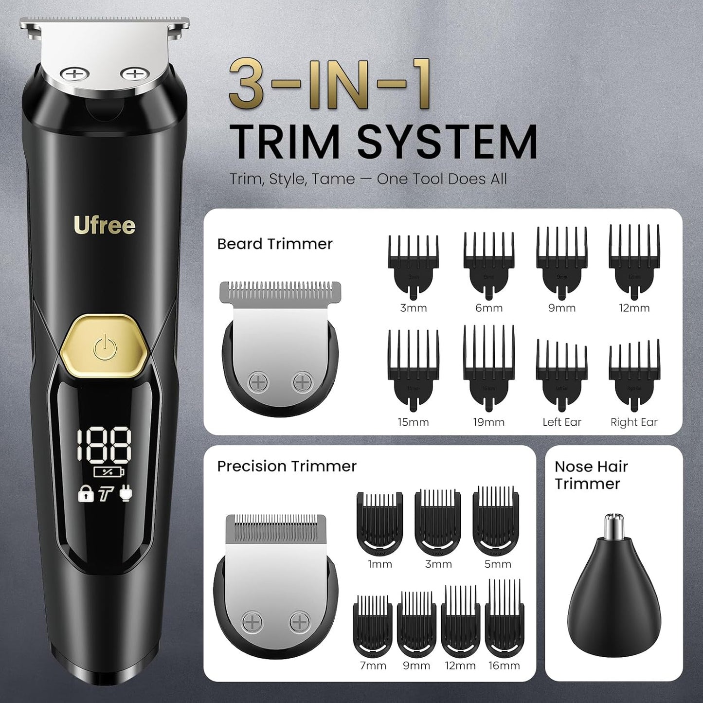 Ufree 3-in-1 Beard Trimmer Kit, Men's Electric Shaver Razor for Mustache Body Nose Facial Hair, Professional Hair Trimmer, Rechargeable Clippers, Waterproof Beard Grooming, Birthday Gifts for Men