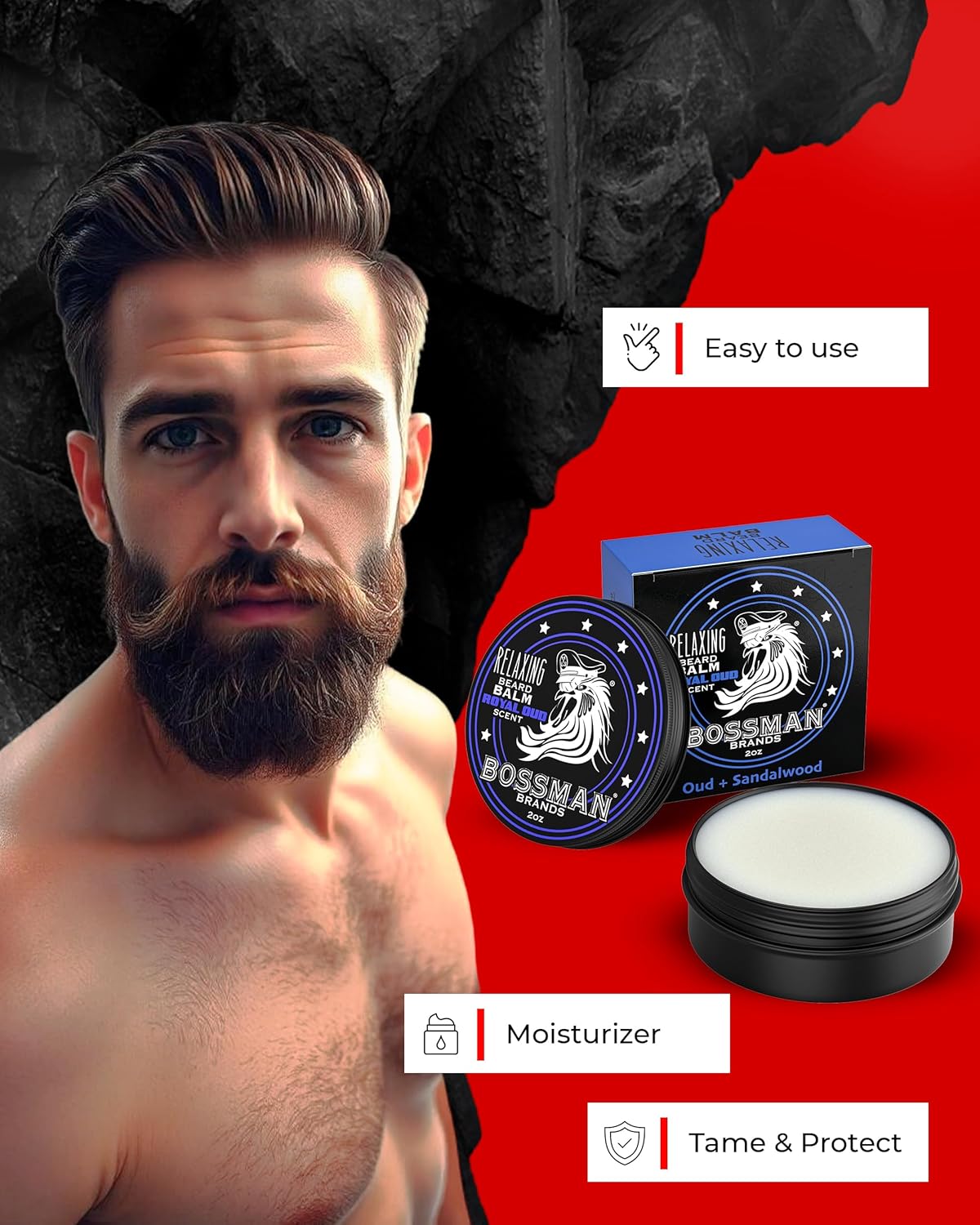 Bossman Relaxing Beard Balm for Men (Royal Oud Scent) – Tames, Relaxes, Thickens & Softens for Ultimate Beard Care – Made in USA
