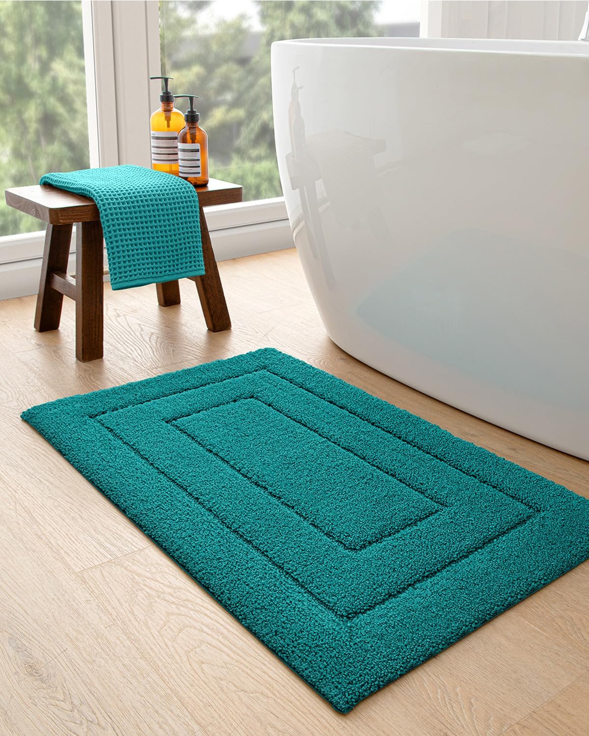 DEXI Bathroom Rug 43x24, Non Slip Washable Bath Mat for Shower Floor, Extra Large Absorbent Soft Bathmat with Rubber Backing, Quick Dry Microfiber Carpet, Teal