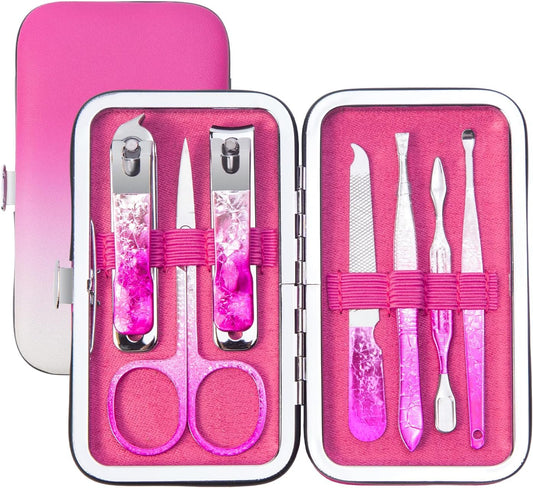 Nail Clippers Set 7 in 1 Stainless Steel, Colorful Manicure Kit Scissors Pedicure Tools Kit with Luxurious Travel Case- Portable Travel Grooming Kit Gift for Women