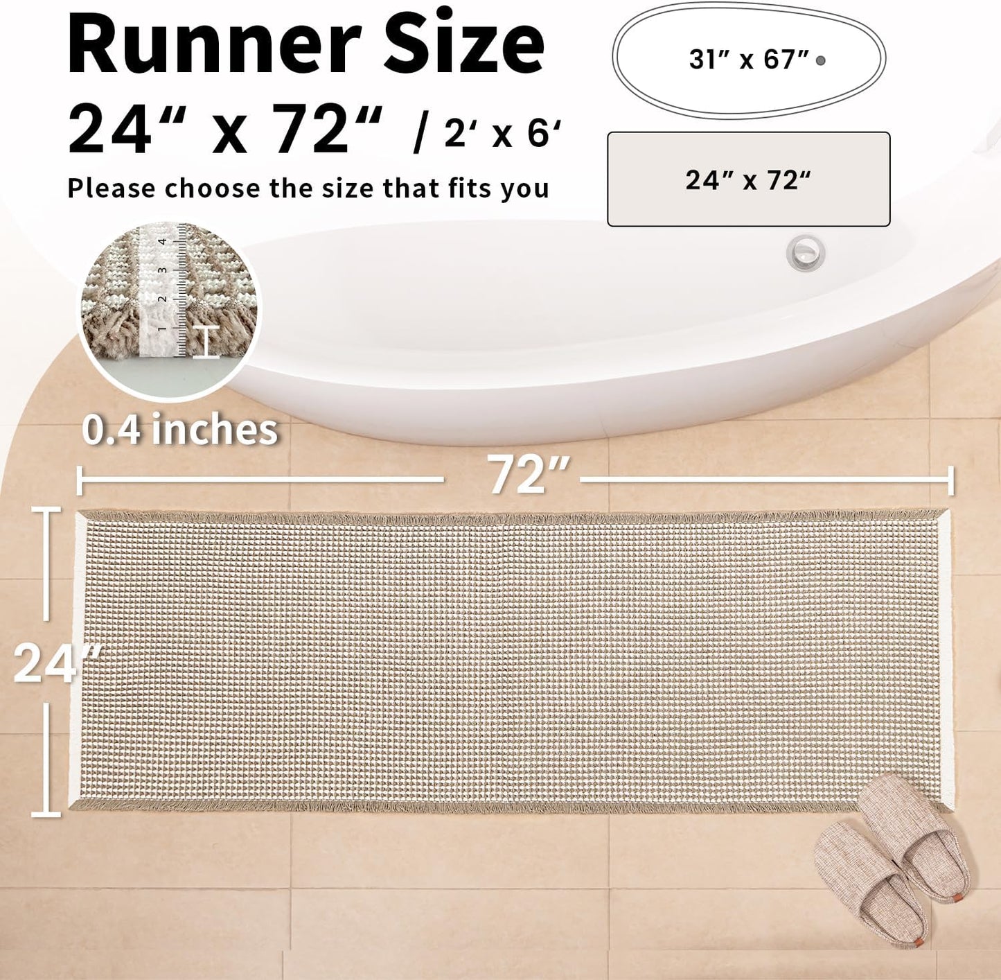 Waffle Runner Bath Mat - Long Boho Bathroom Rugs Non Slip Washable, Super Absorbent & Quick Dry, Soft Bath Mat Farmhouse Bathroom Decor, 24'' x 72'', Khaki and White