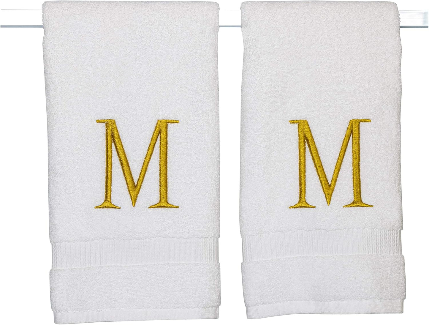 Monogrammed Hand Towels for Bathroom - Luxury Hotel Quality Personalized Initial Decorative Embroidered Bath Towel for Powder Room, Spa - GOTS Organic Certified - Set of 2 Gold Letter M