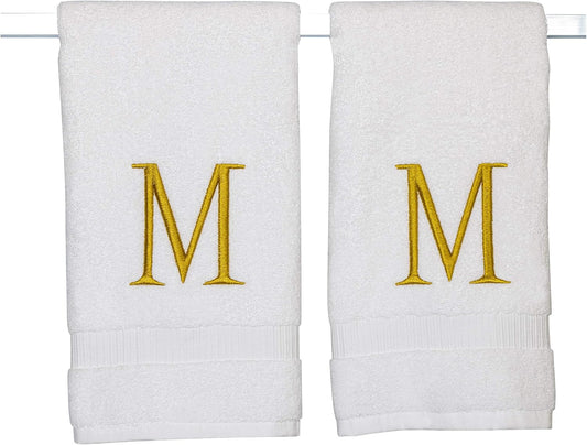 Monogrammed Hand Towels for Bathroom - Luxury Hotel Quality Personalized Initial Decorative Embroidered Bath Towel for Powder Room, Spa - GOTS Organic Certified - Set of 2 Gold Letter M