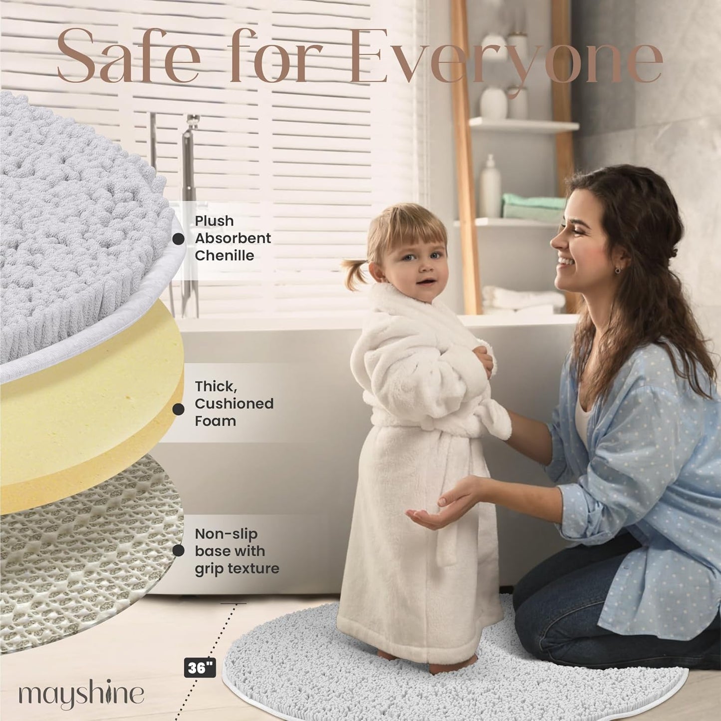 MAYSHINE Round Area Rug Set for Bathroom | Soft Plush Chenille Bath Mat, Water Absorbent Non-Slip Bathroom Rug | Washable Shag Carpet for Shower, Bedroom, or Home Décor | 36"x36" (Round) | White