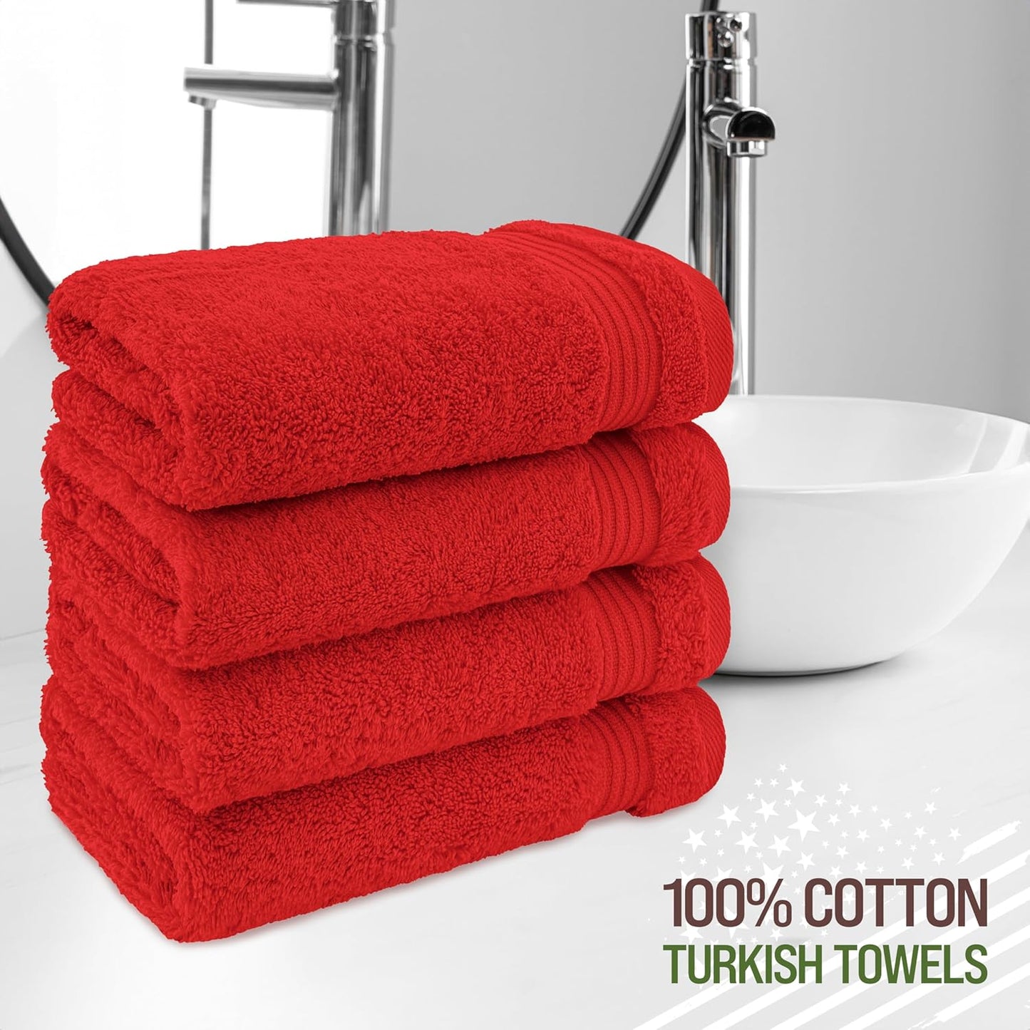 American Veteran Towel, Hand Towels for Bathroom Set of 4, 100% Cotton Turkish Hand Towel Sets, Soft Hand Face Towels, Red Hand Towels