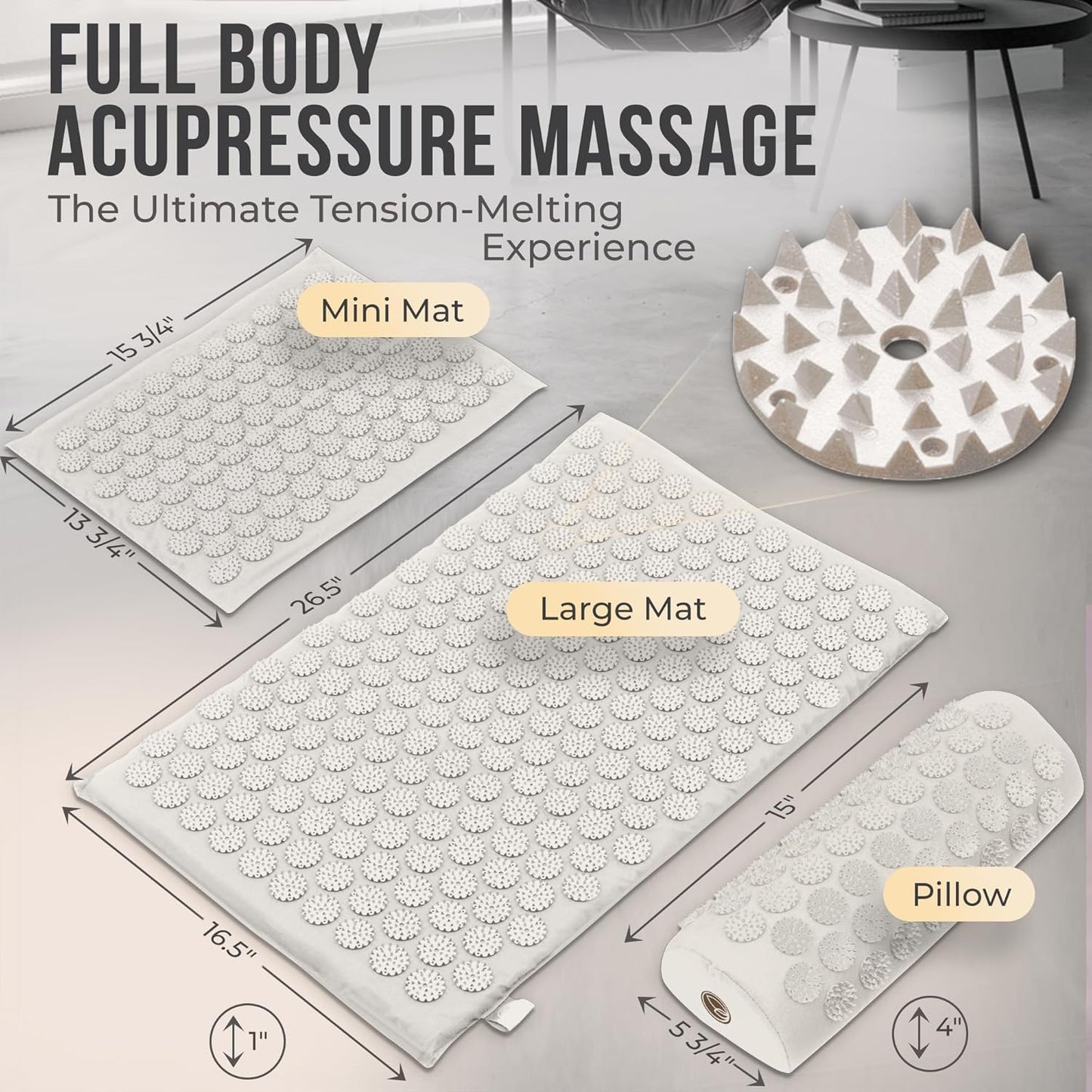 Acupressure Mat and Pillow Set with Extra Mini Accupressure Massage Mat - Acupuncture Mat Full Body - Accupoint Mat for Back Pain (Natural Cotton)