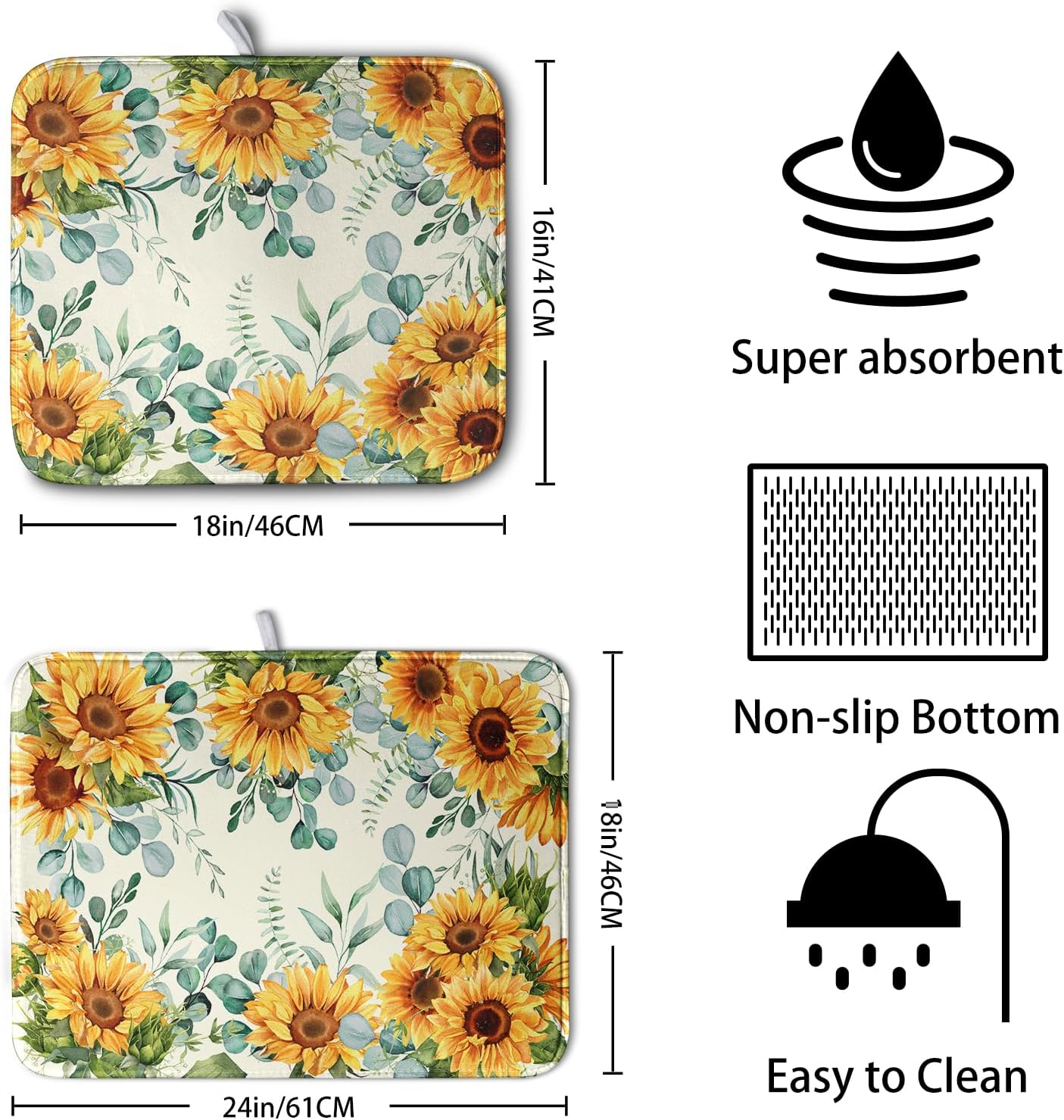 Sunflowers Dish Drying Mat for Kitchen Counter Yellow Flower Green Leaves Dish Draining Mats Spring Summer Floral Dishes Pad Microfiber Absorbent Dish Drainer Rack Mat Extra Large 18x24 Inch