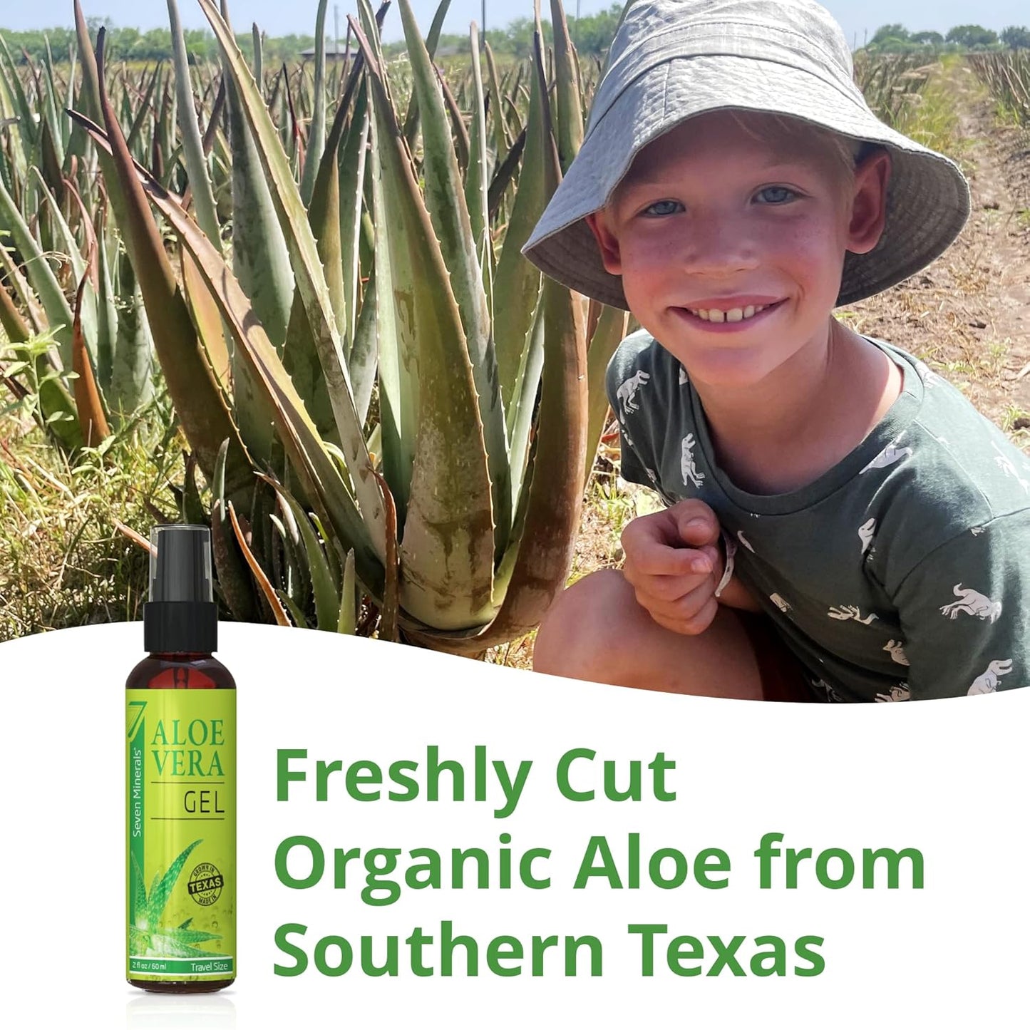 Seven Minerals, Travel Size Organic Aloe Vera Gel from freshly cut 100% Pure Aloe - 2 Fl Oz - HighestQuality, Texas grown, Vegan, Unscented - For Face, Skin, Hair, Sunburn relief (2 Fl Oz)