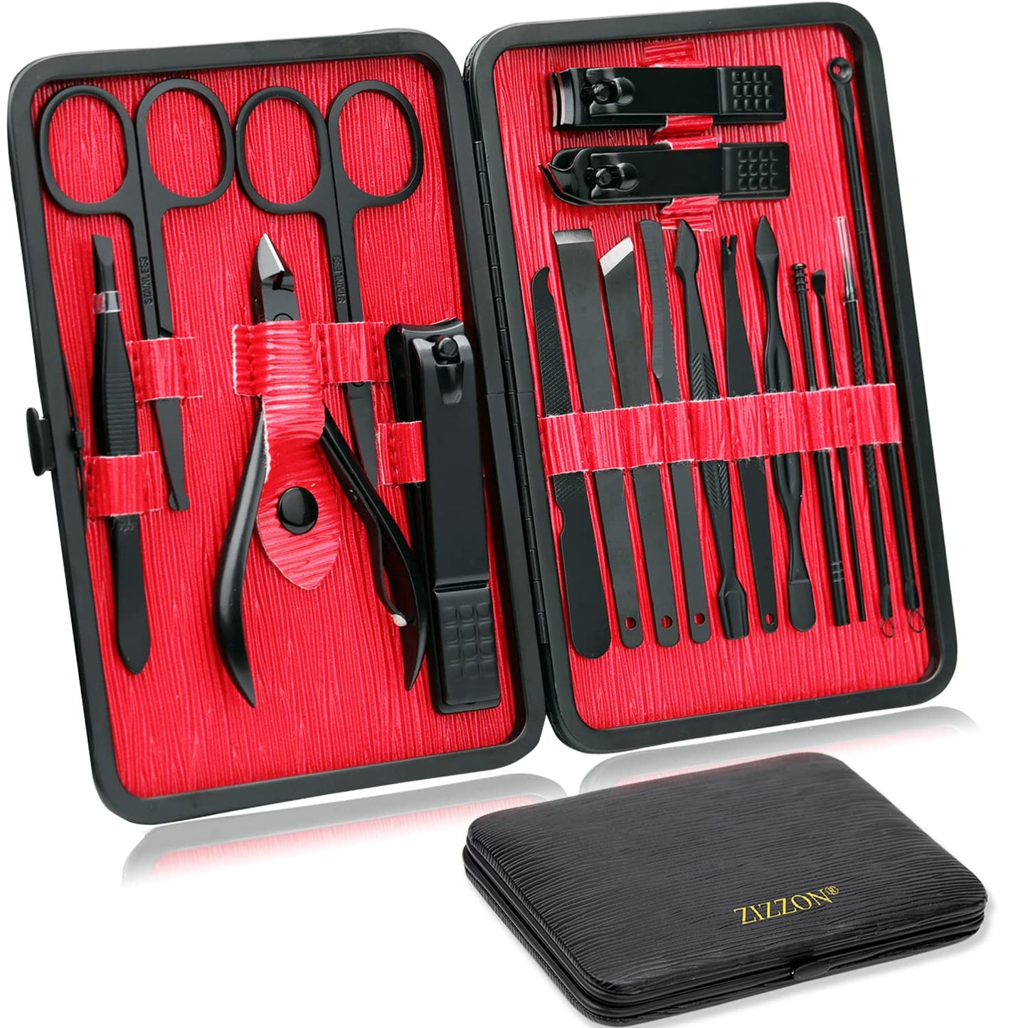 ZIZZON Manicure Set 18 in 1 Professional Pedicure Set Nail scissors Grooming Kit with Leather Travel Case (Black/Red)