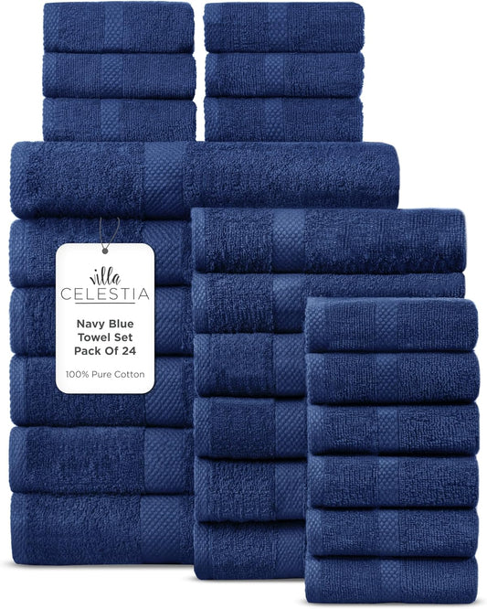 100% Cotton Bath Towel Set of 24-6 Bath Towels, 6 Hand Towels, 12 Wash Cloths, Sustainable, Soft, Highly Absorbent, Combed Cotton 24 Piece Set for Hotels, Spa, Bathroom, Dorm, Navy Blue