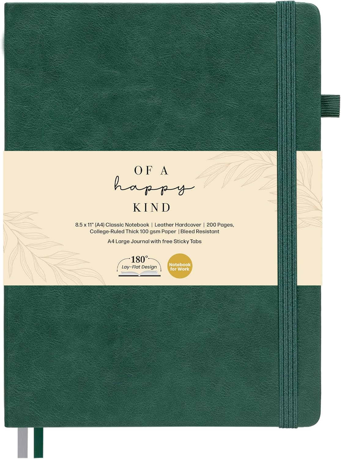 Classic Lined Journal Notebook 8.5x11" A4 Hardcover Leather - Green - 200 Pages College Ruled Large with Sticky Tabs, Pockets, and Pen Loop for Writing and Journaling - Big Hardback Men and Women