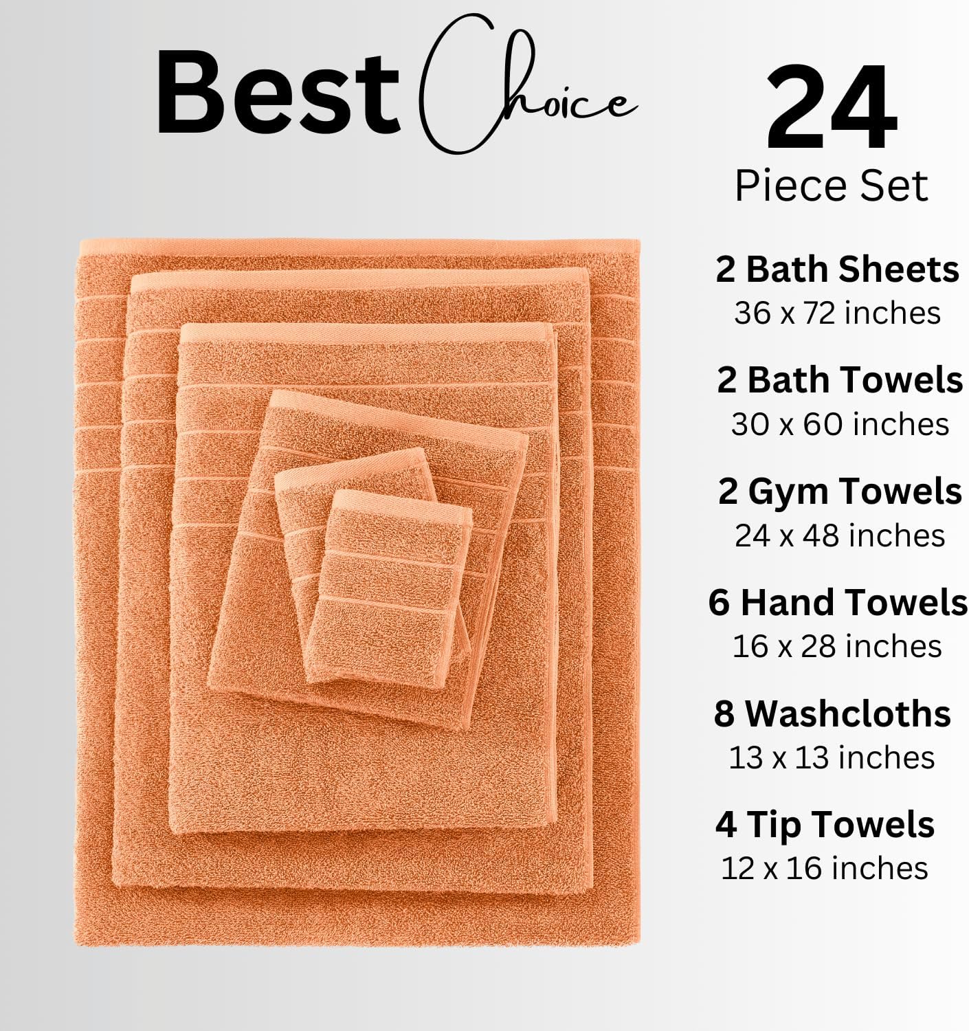 Casa Platino Bath Towel Set 24 Pieces – 100% Cotton, Soft & Absorbent, Ring Spun Fabric, Great for Home & Guests, Large Towels with Excellent Coverage, Quick Drying – Peach Fuzz