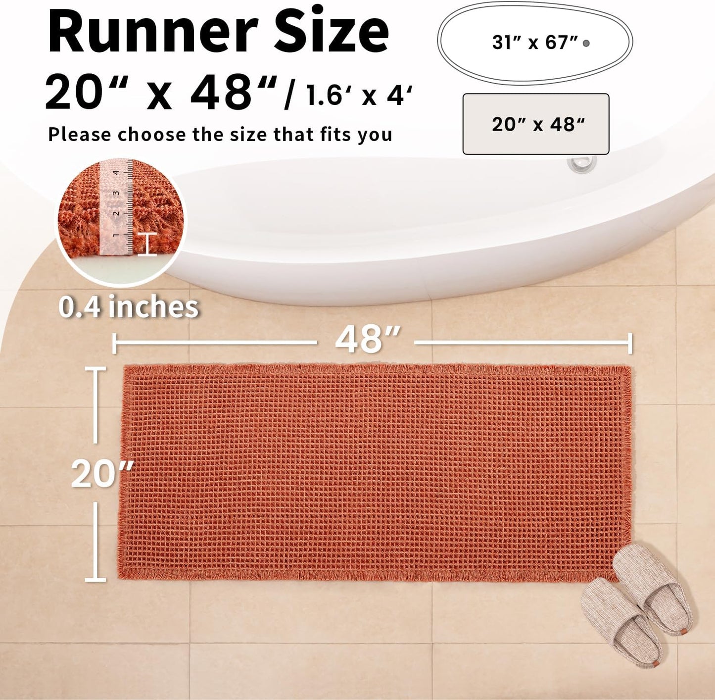 Waffle Bath Mat - Boho Bathroom Rugs Non Slip Washable, Super Absorbent & Quick Dry, Soft Bath Mat Farmhouse Bathroom Decor, 20'' x 48'', Dirty Orange