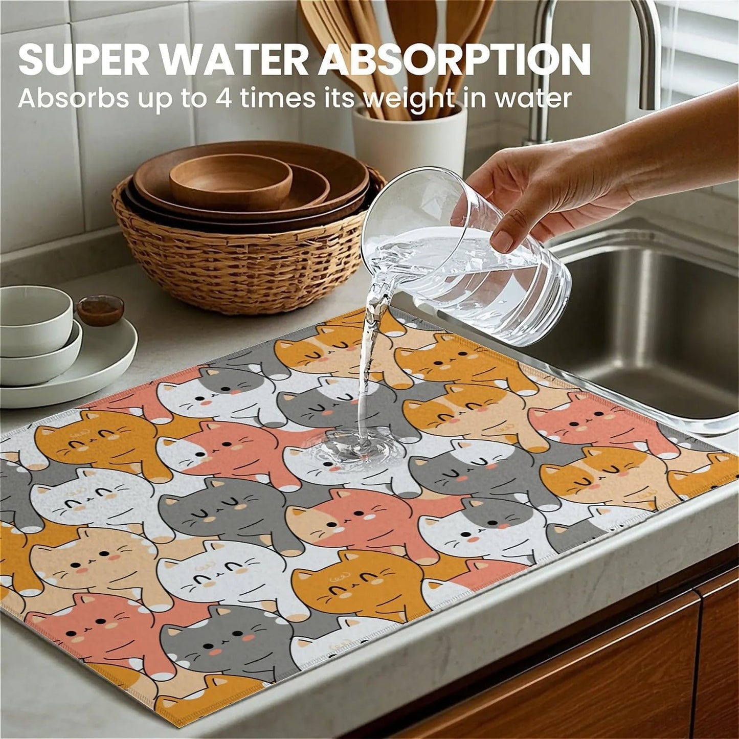Dish Drying Mat For Kitchen Counter, Cute Cats Animals Microfiber Absorbent Dish Drainer Rack Pad Reusable Large 18x24in Drying Mat