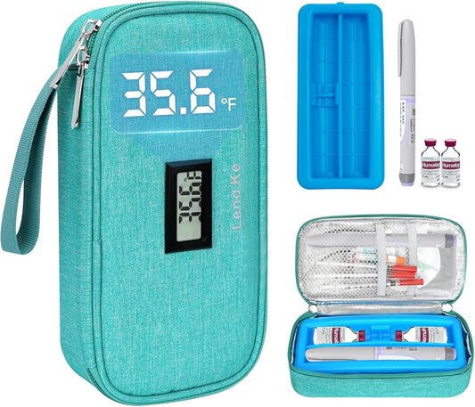 Insulin Cooler Travel Case for Pen & Vials - TSA Approved Temperature Display Diabetic Medication Cooling Bag with Protective Ice Brick, Refrigerated Diabetes Supplies Carrying Organizer(Green)