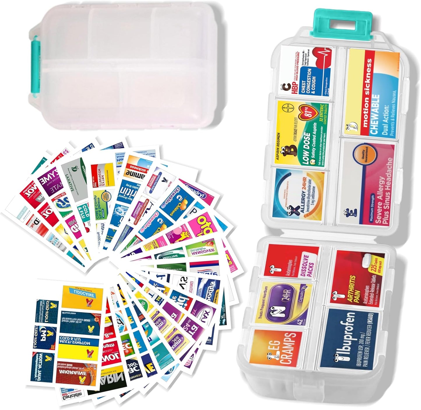 Large Pill Organizer With Medicine Labels - 7 Day Travel Daily Container, Mini Medication Storage Case (White, 161 Labels)