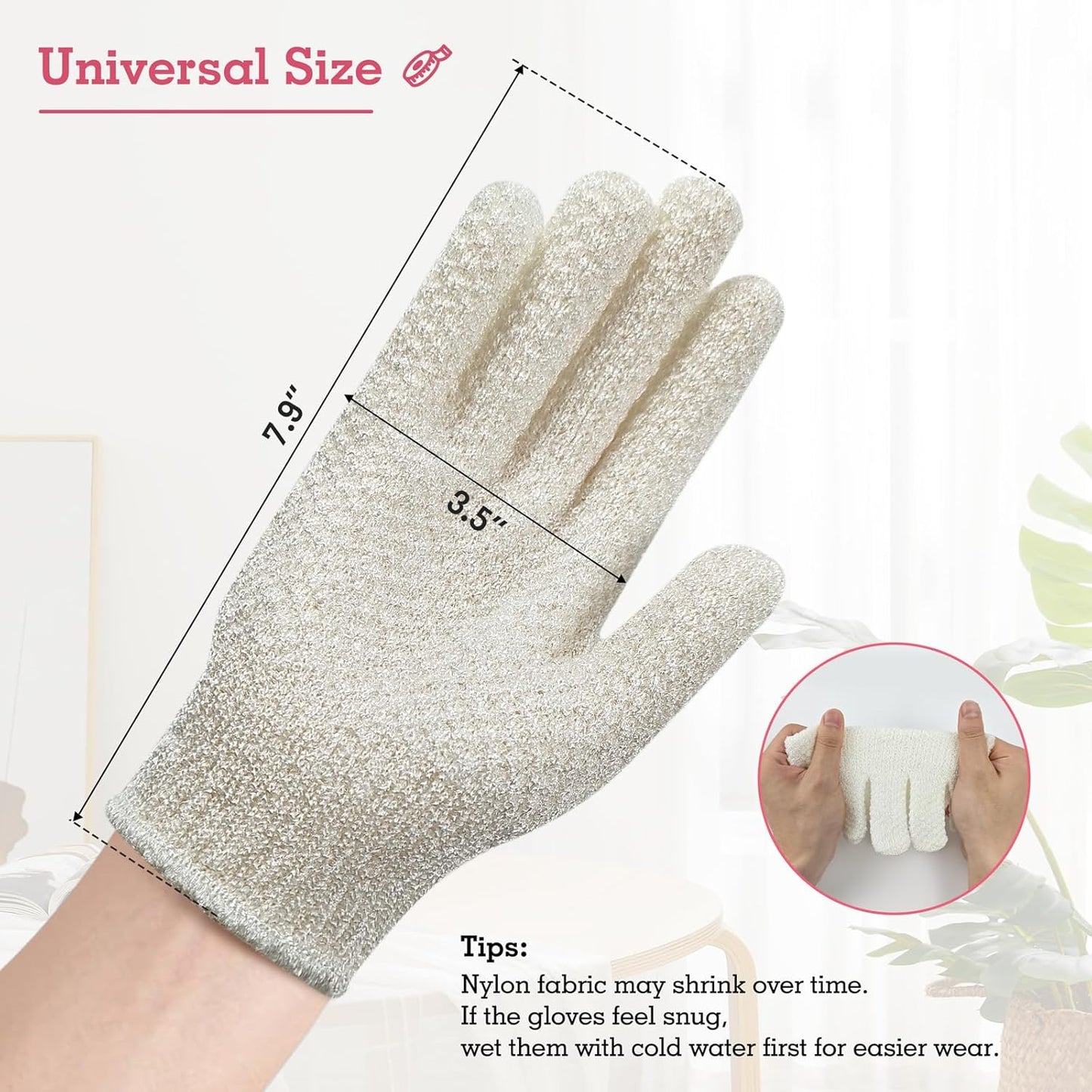 Evridwear Exfoliating Gloves for Shower, 100% Nylon Thick Soft Medium Heavy Bathing Gloves Dead Skin Remover Body Scrubber Smooth Skin with Hang Loop, 3 Pairs Light White