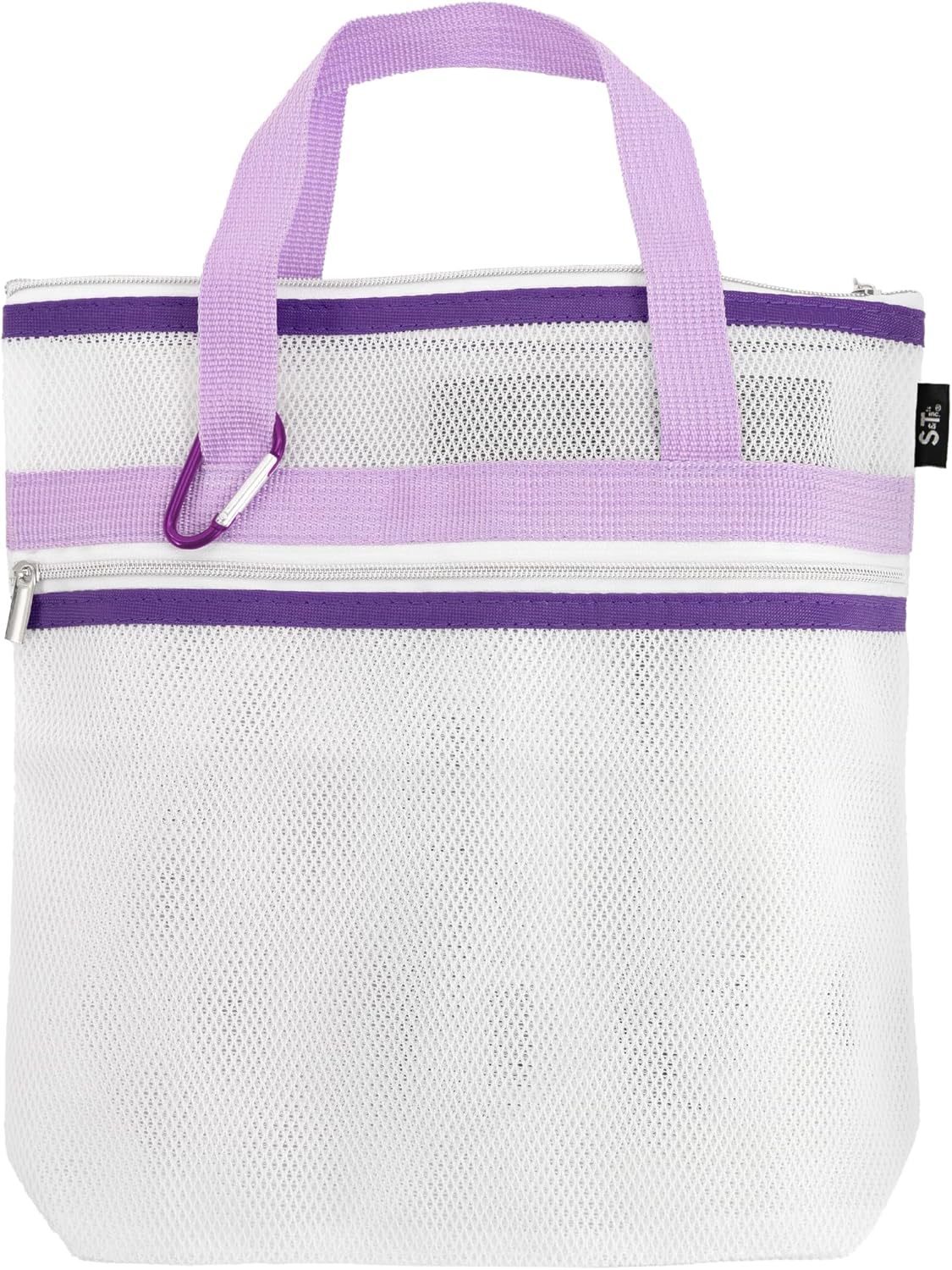 S&T INC. Mesh Shower Caddy, Shower Bag for Dorm Room Essentials, Gym Bag, Camping and More, Two Zippered Pockets, White and Purple, 10 Inches x 10 Inches