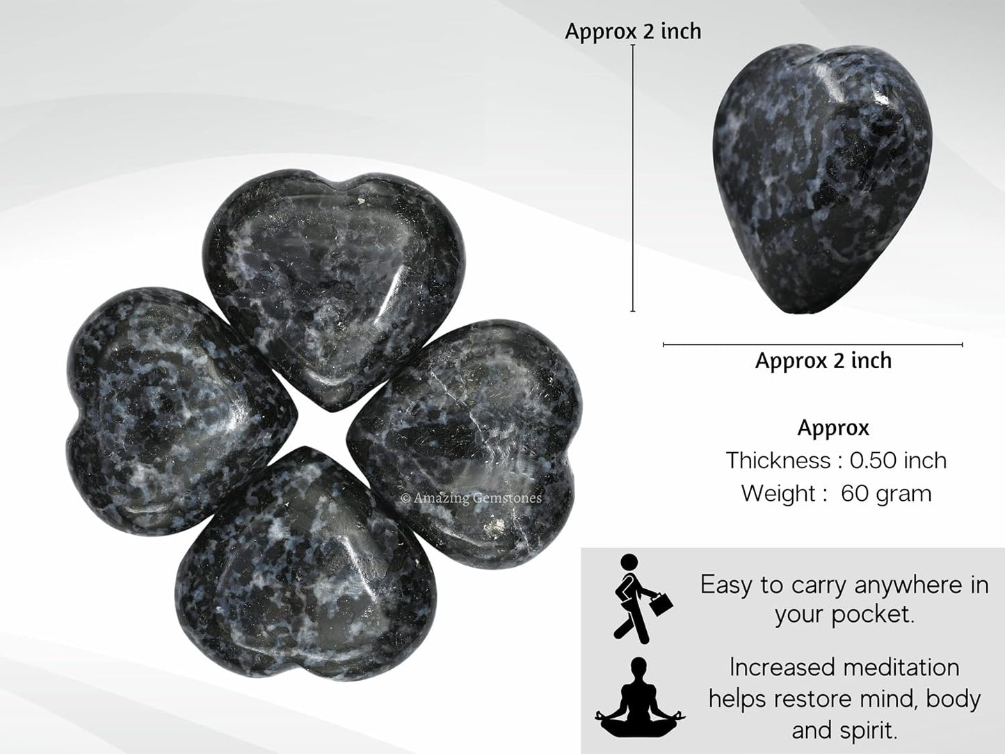 Indigo Gabbro Crystal Heart Palm Stone - Pocket Massage Worry Stone for Natural Body Chakra Balancing, Reiki Healing and Crystal Grid