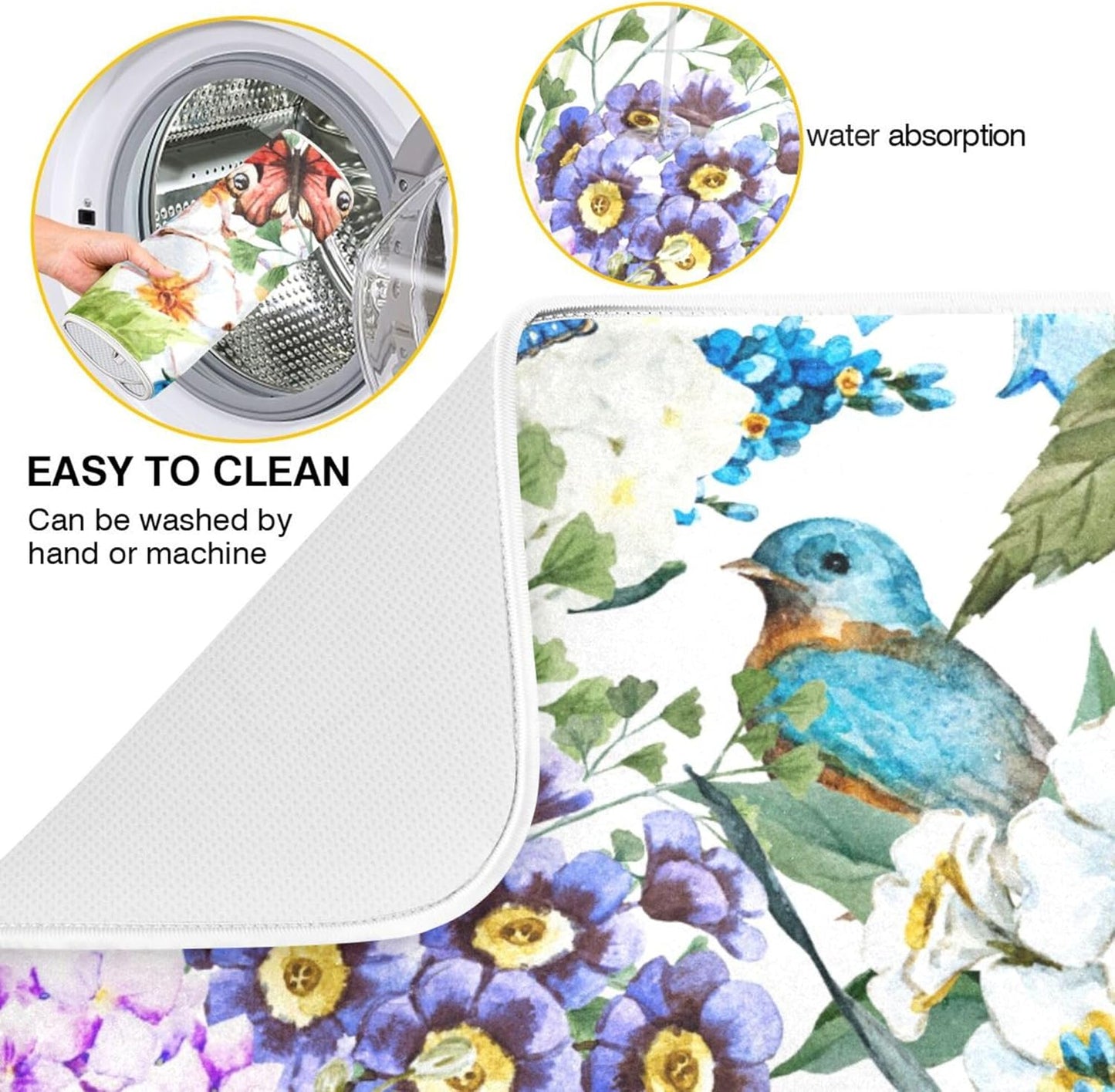 Floral Birds Dish Drying Mat for Kitchen Spring Globe Daisy Butterfly Flowers Microfiber Drying Mats Absorbent Reversible Dish Pad Medium Dish Draining Mat 16x18 inch