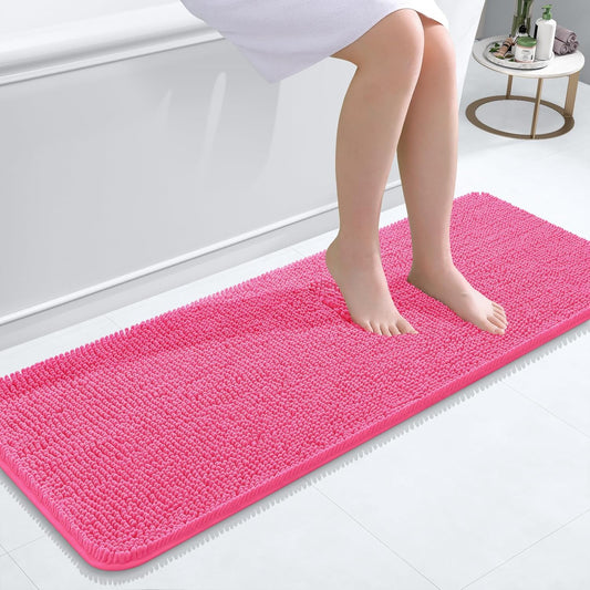 OLANLY Bathroom Rugs 47x17, Extra Soft Absorbent Chenille Bath Rugs, Rubber Backing Quick Dry, Machine Washable Bath Mats for Bathroom Floor, Tub and Shower, Home Decor Accessories, Hot Pink
