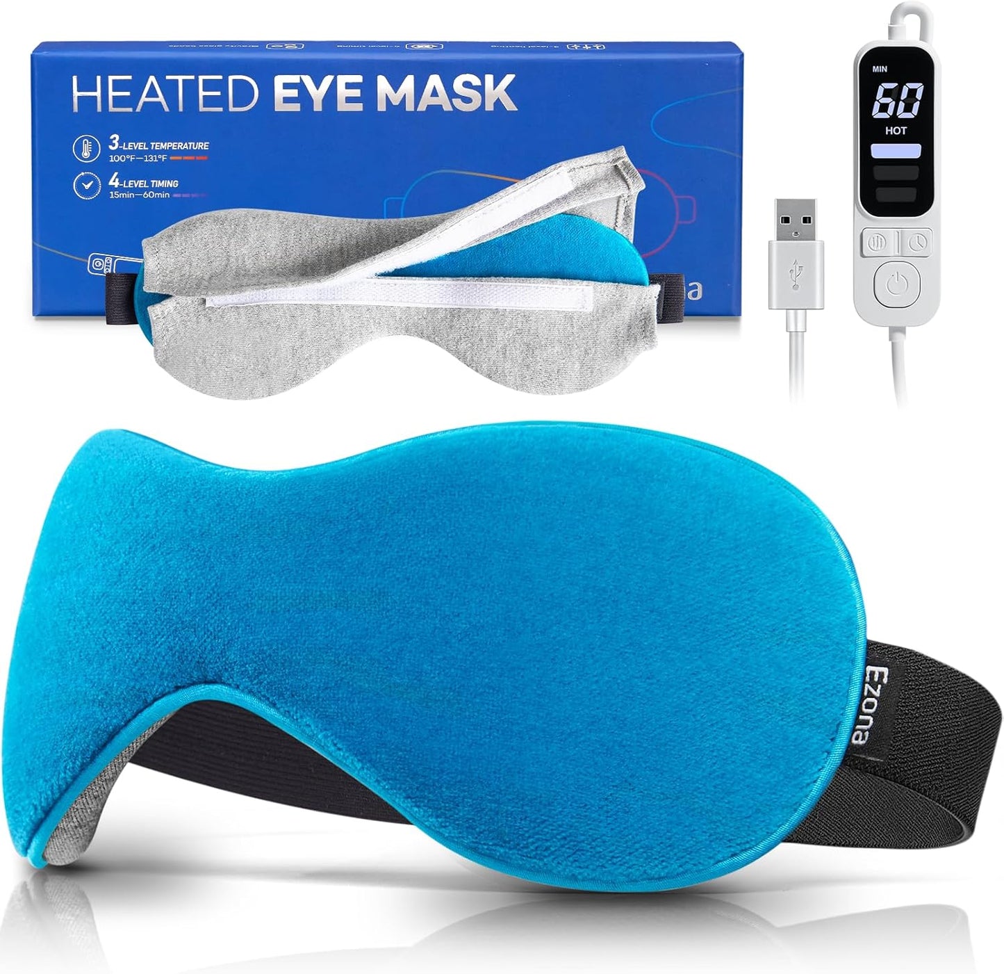 Ezona Heated Eye Mask, Warm Eye Compress Mask for Dry Eyes, USB Electric Eye Heating Pad with Temperature & Timer Control, Dry Eyes, Blepharitis, Sinus Migraine (Blue)