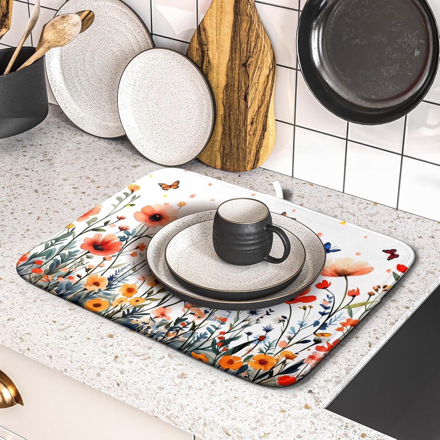 Poppy Flower Dish Drying Mat 16x18 Inch Floral Leaves Dish Drainer Protector Pad Washable Reversible Drying Pad for Kitchen Counter Sink