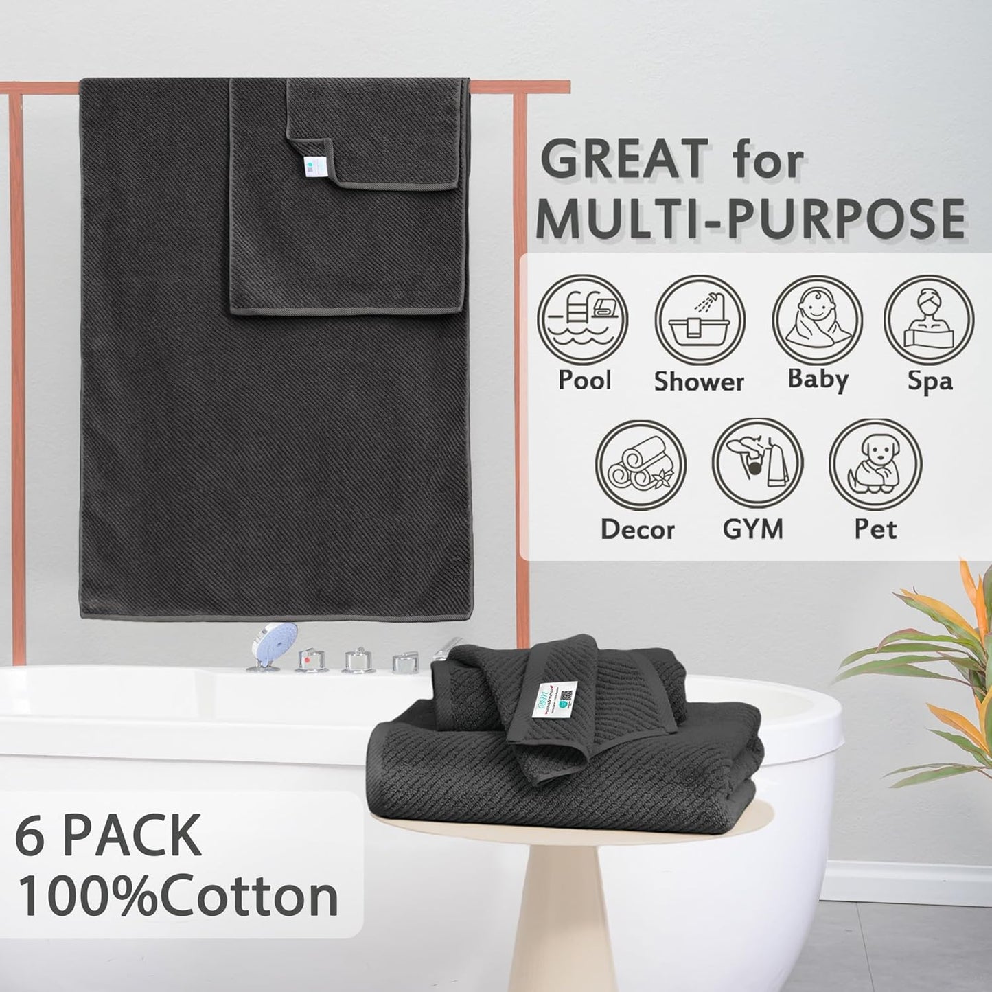 VOOVA & MOVAS Gray Towels - 100% Cotton | Lightweight | Quick Dry | Thick | Soft, Towel Set of 6, 2 Large Bath 30" x 56", 2 Hand 18" x 28", 2 Washcloths 13" x 13", Towel Gift Set, Dark Grey