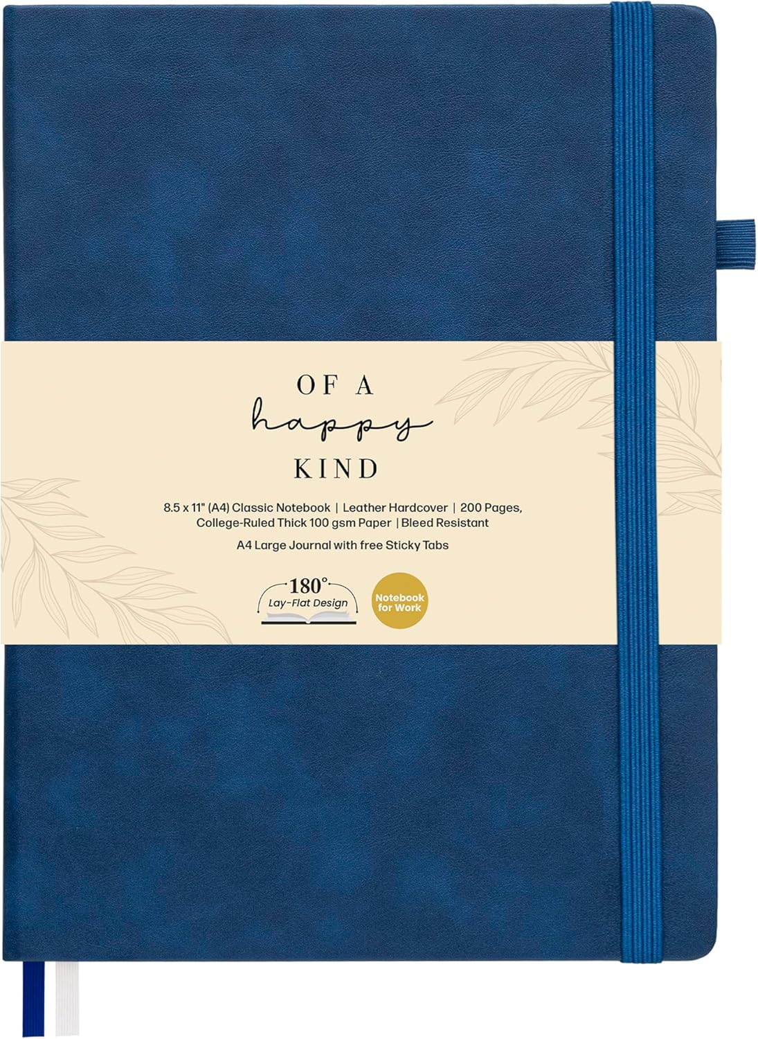 Classic Lined Journal Notebook 8.5x11" A4 Hardcover Leather - Blue - 200 Pages College Ruled Large with Sticky Tabs, Pockets, and Pen Loop for Writing and Journaling - Big Hardback Men and Women