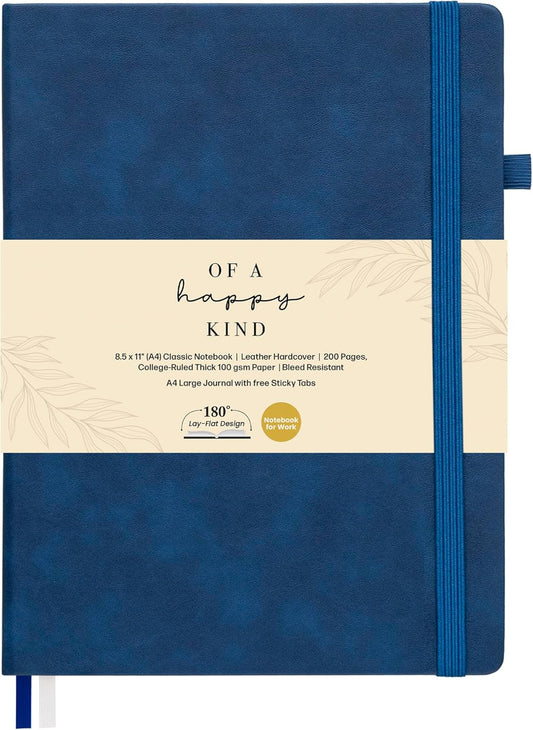 Classic Lined Journal Notebook 8.5x11" A4 Hardcover Leather - Blue - 200 Pages College Ruled Large with Sticky Tabs, Pockets, and Pen Loop for Writing and Journaling - Big Hardback Men and Women