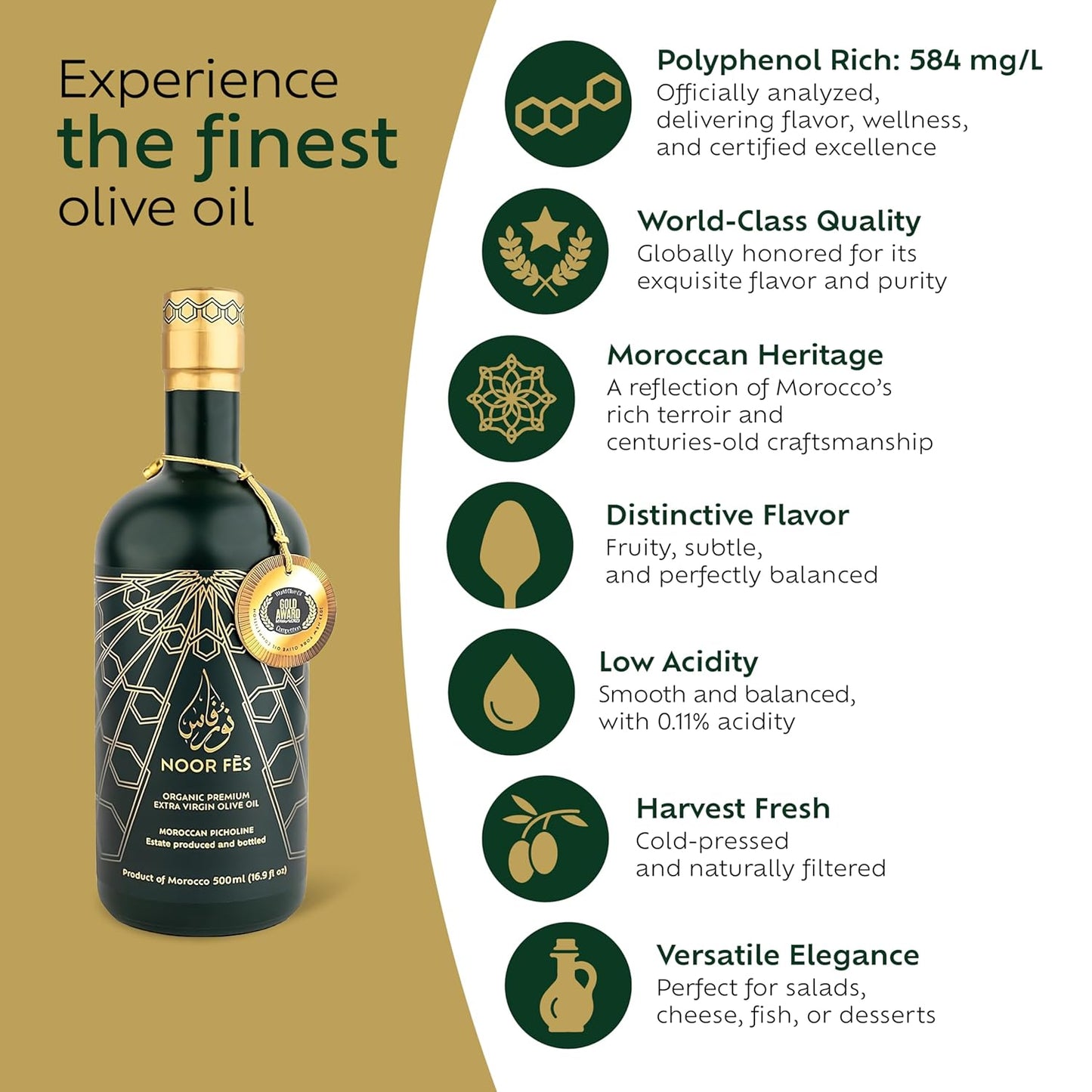 NOOR FÈS 20+ Awards EVOO | Polyphenol Rich 584 mg/kg | USDA Organic Extra Virgin Olive Oil | Moroccan Picholine | Cold Pressed Olive Oil | Great Gift for Chefs | 17 Oz
