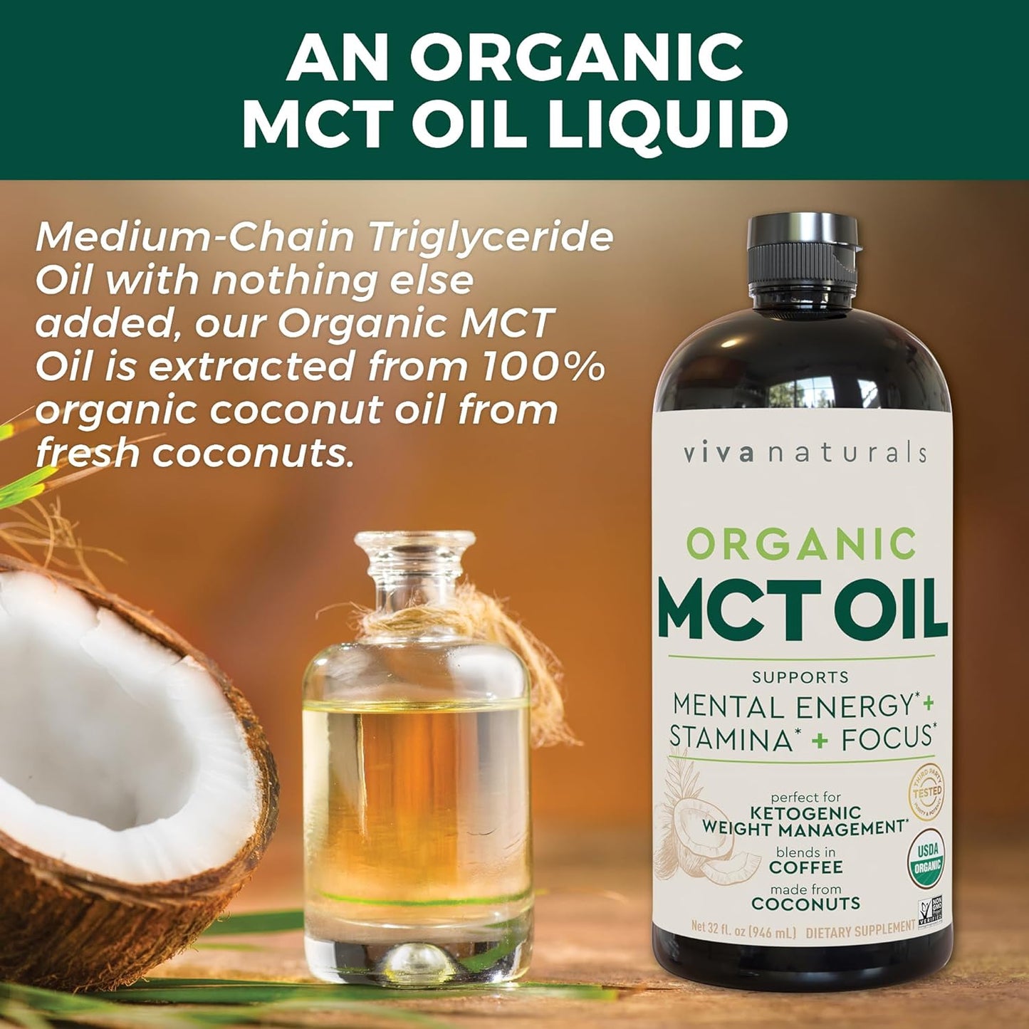 Viva Naturals Organic MCT Oil 32 fl oz - Best MCT Oil Organic for Coffee, MCT Coconut Oil Supports Energy & Mental Clarity, USDA Organic, Non-GMO, Paleo & Keto Certified, MCT Wellness