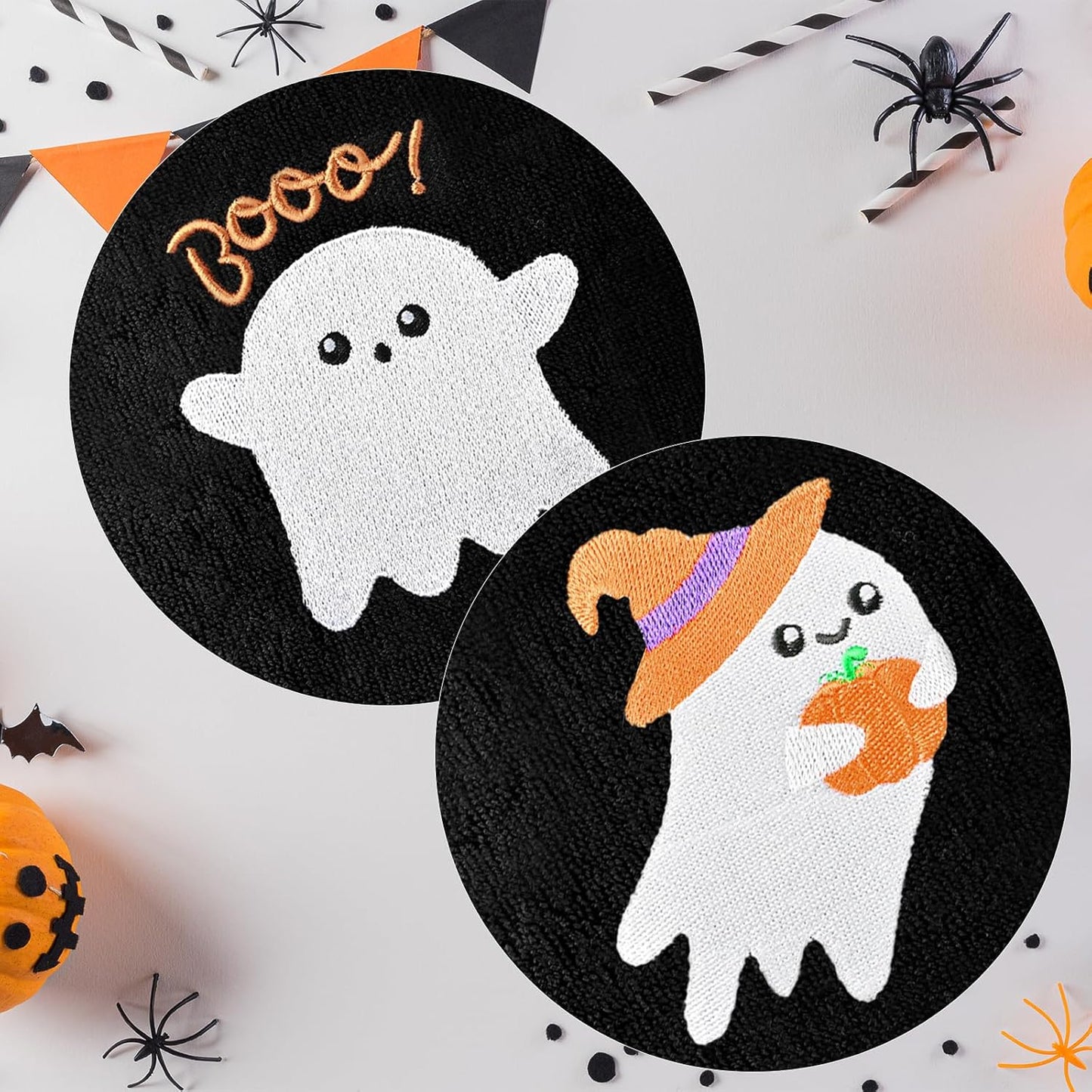 Halloween Cotton Hand Towels 2 Pack, Black Ghost Embroidered Autumn Towels Set, Decorative Bathroom Kitchen Holiday Accessories, 13.7 in × 29.5 in