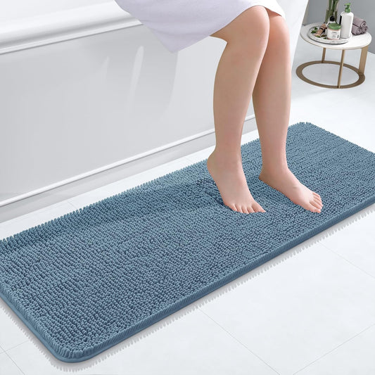 OLANLY Bathroom Rugs 47x17, Extra Soft Absorbent Chenille Bath Rugs, Rubber Backing Quick Dry, Machine Washable Bath Mats for Bathroom Floor, Tub and Shower, Home Decor Accessories, Airy Blue