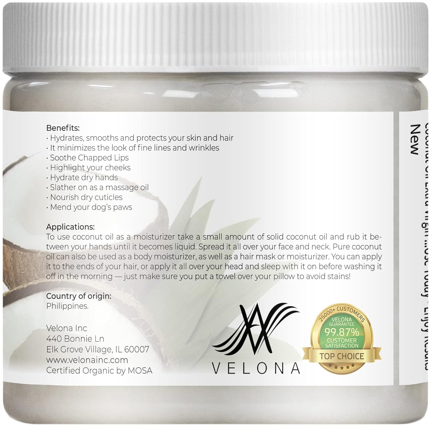 Velona USDA Certified Organic Coconut Oil Extra Virgin - 16 fl oz | Food and Cosmetic Grade | in jar | Extra Virgin, Cold Pressed