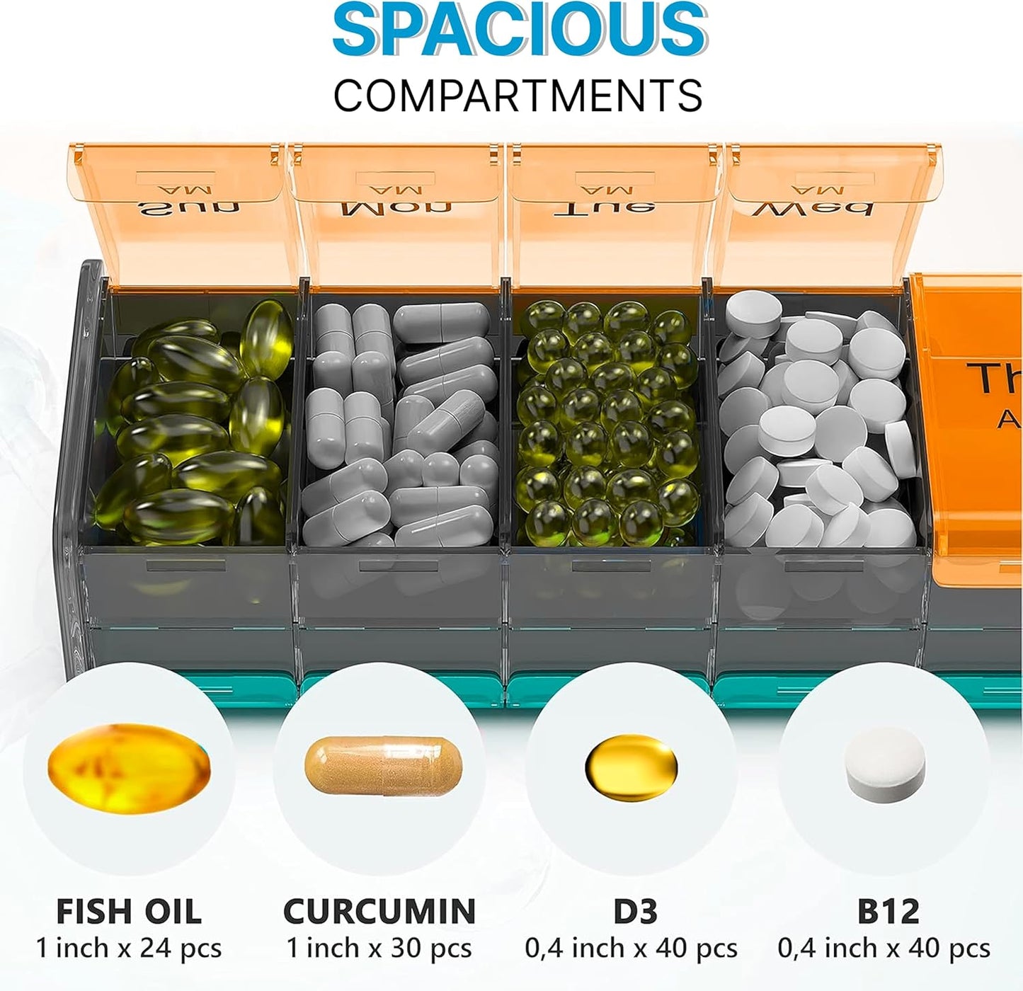 Extra Large Pill Organizer - XXL Vitamin Holder for Weekly Supplements - Double Sided Pill Box 7 Day with Big AM PM Compartments Huge Daily Medicine Dispenser 2 Times a Day Reliable and Easy-to-Use